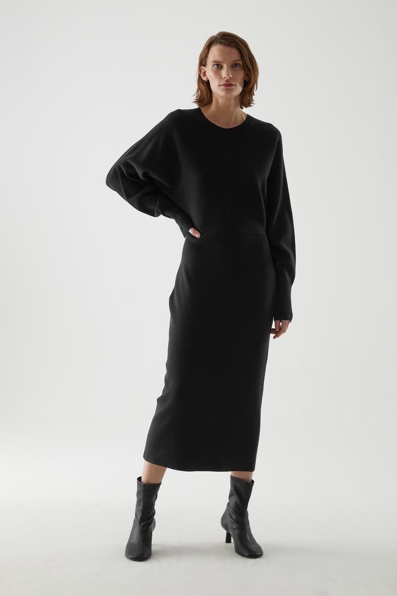 ORGANIC COTTON-WOOL MIX KNITTED A-LINE DRESS コットンウール混紡  