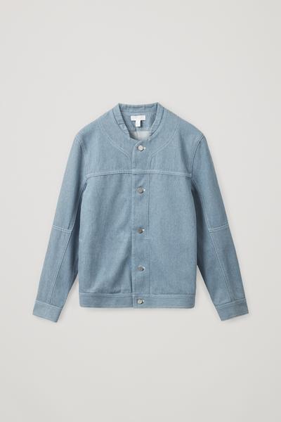 COS リサイクルコットンミックスデニム襟なしベースボールジャケット