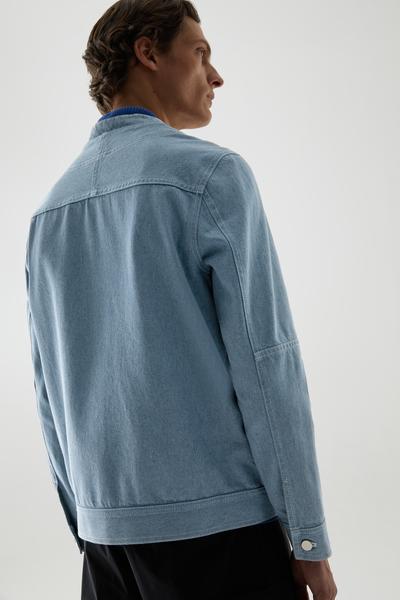 COS リサイクルコットンミックスデニム襟なしベースボールジャケット