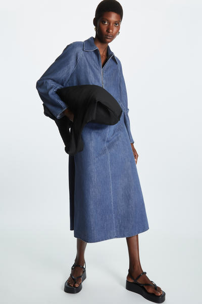 HALF-ZIP DENIM MIDI DRESS ハーフジッパーデニムミディワンピース 