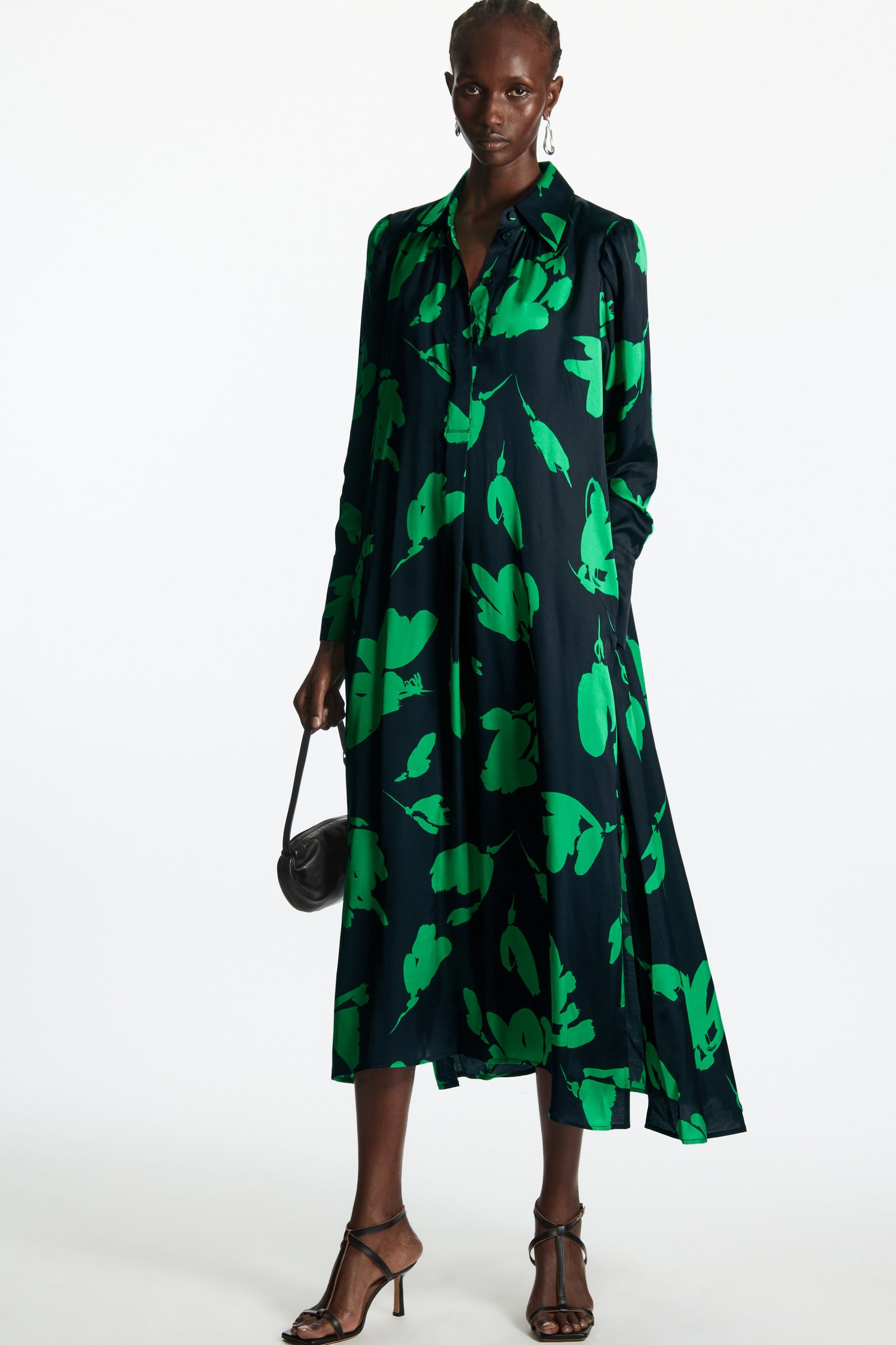 BELTED PRINTED MIDI DRESS ベルト付きプリント柄ミディワンピース