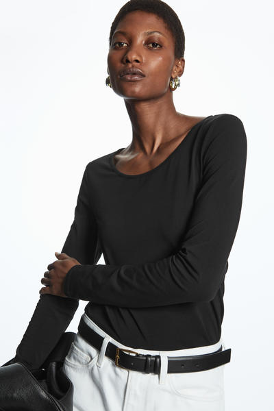 deep scoop neck long sleeve top