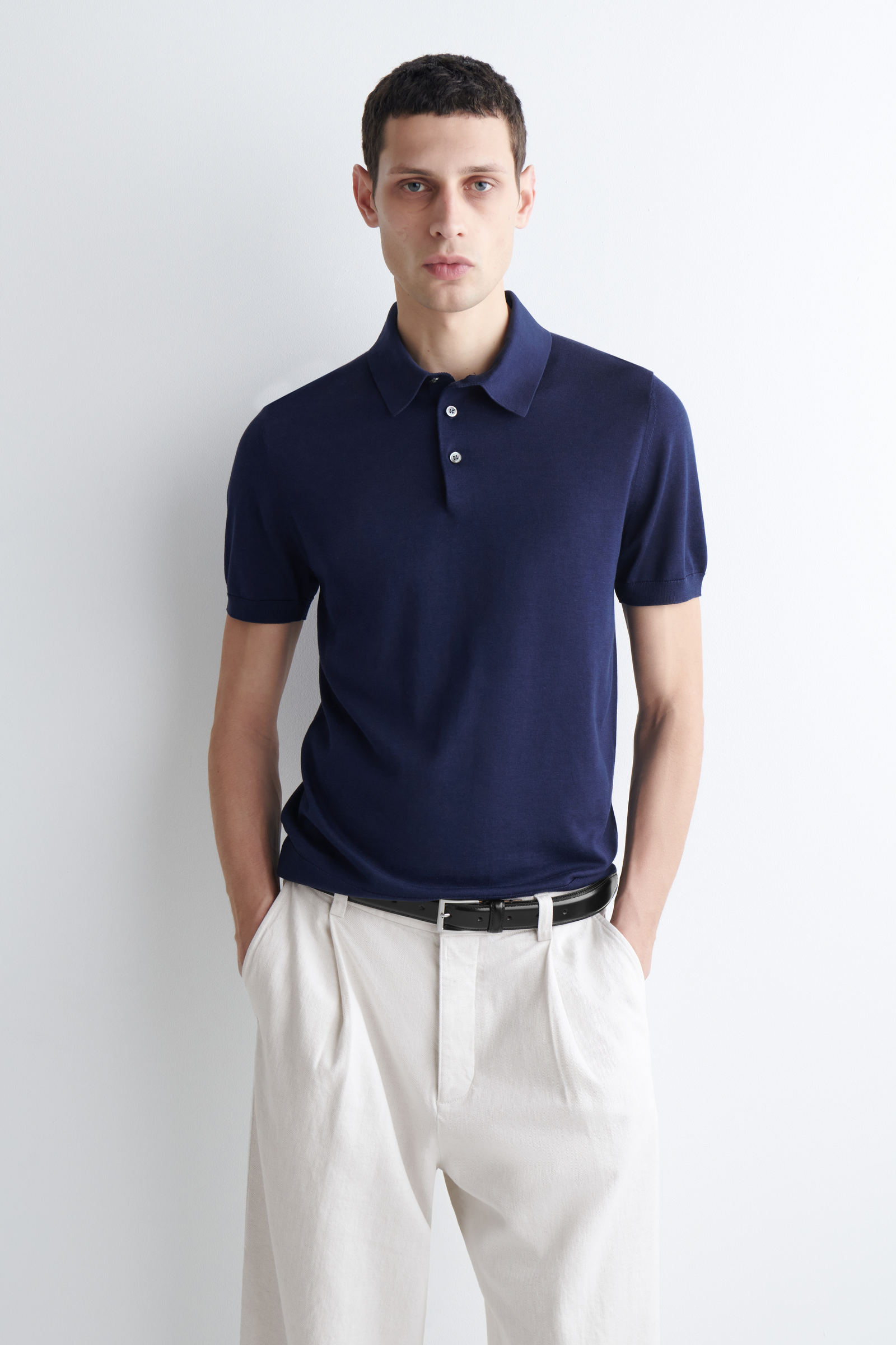 【未開封】COS ネイビー 半袖ポロシャツ 値下げ可能 SLIM KNITTED SILK POLO SHIRT スリムニットシルクポロシャツ ブルー