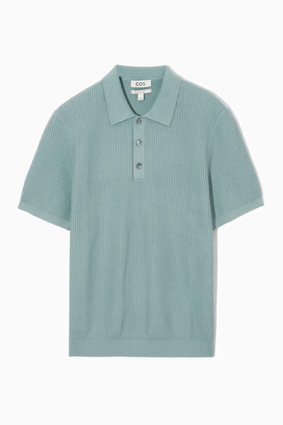 RACKING-STITCH KNITTED POLO SHIRT リブ編みニットポロシャツ ブルー