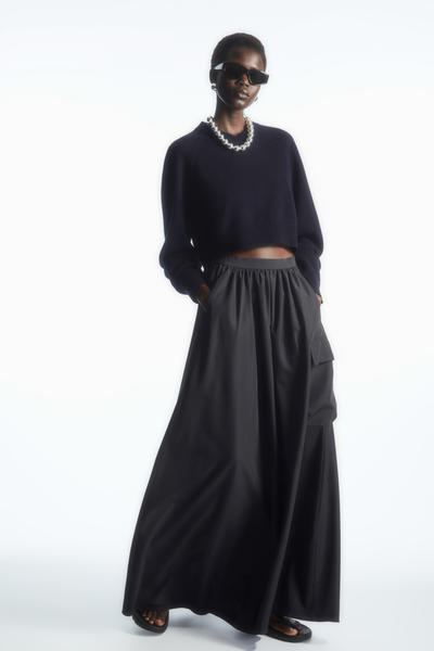 CASUAL FIT STRECH WAISTBAND SHRINK PLEATED WORK SKIRT ミディ