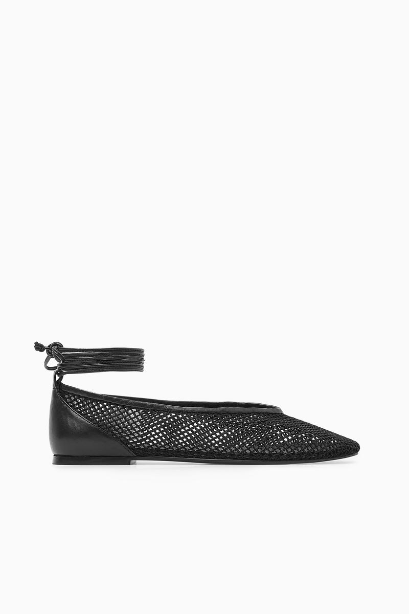LEATHER-TRIMMED MESH BALLET FLATS レザートリムメッシュバレエ 