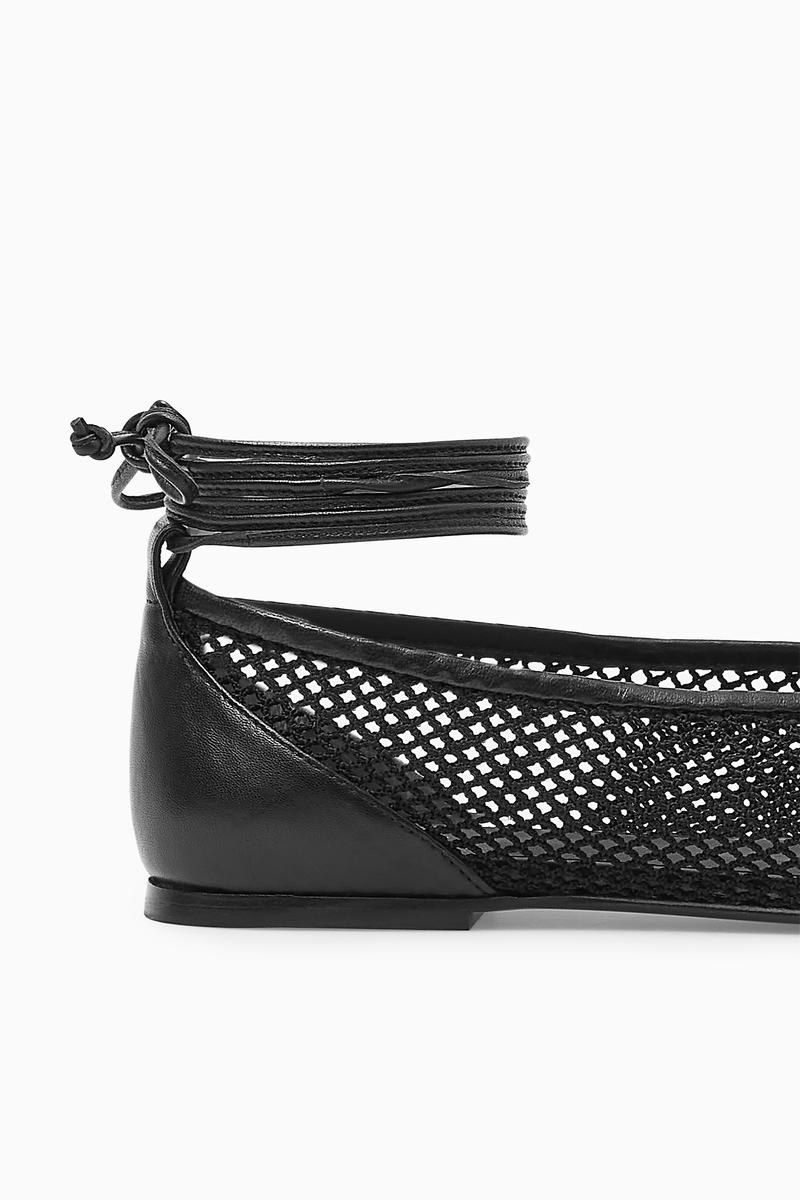 LEATHER-TRIMMED MESH BALLET FLATS レザートリムメッシュバレエ 