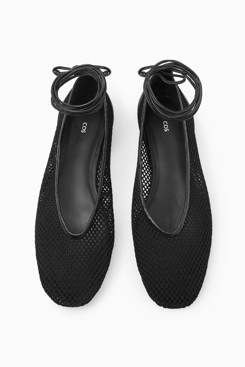 LEATHER-TRIMMED MESH BALLET FLATS レザートリムメッシュバレエ 