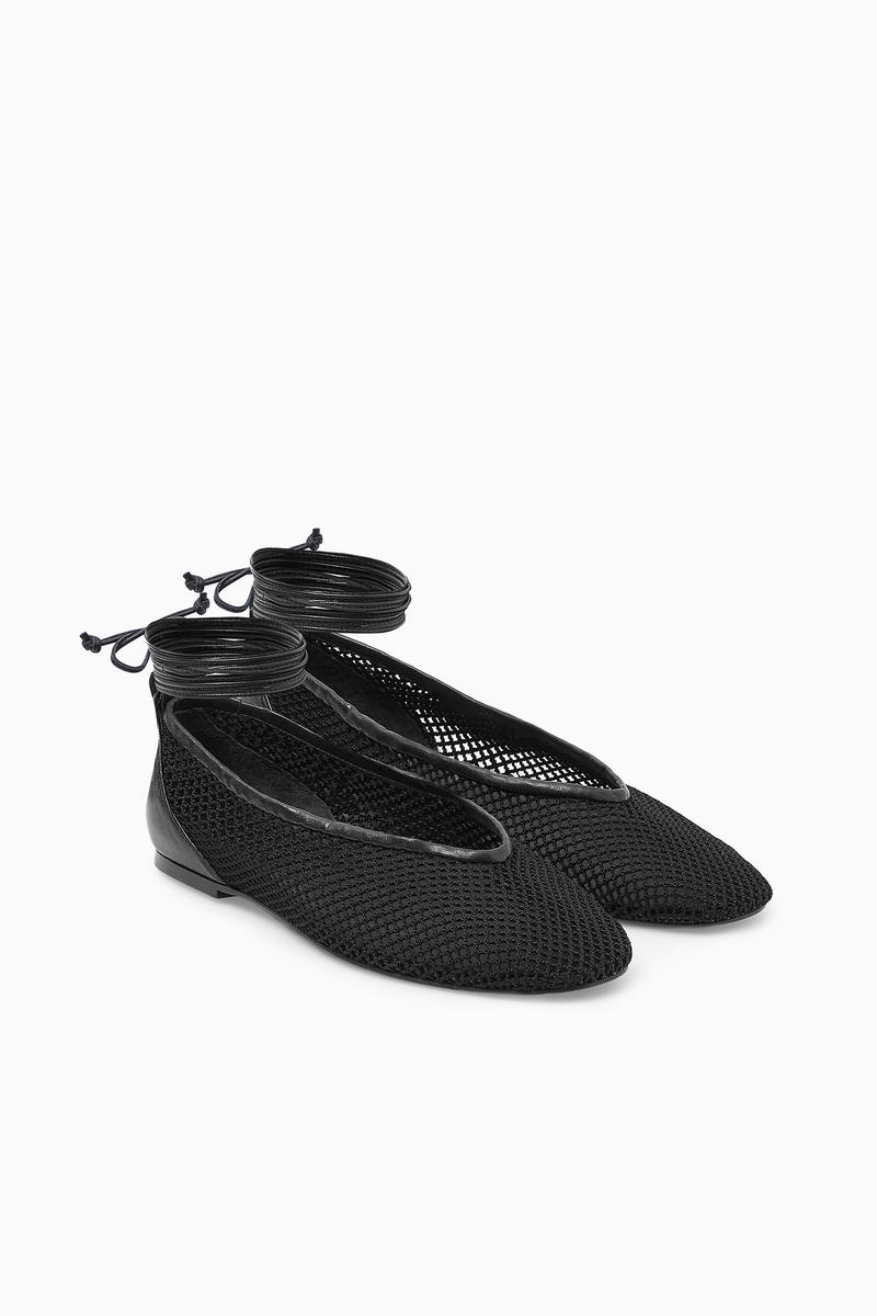 LEATHER-TRIMMED MESH BALLET FLATS レザートリムメッシュバレエ 