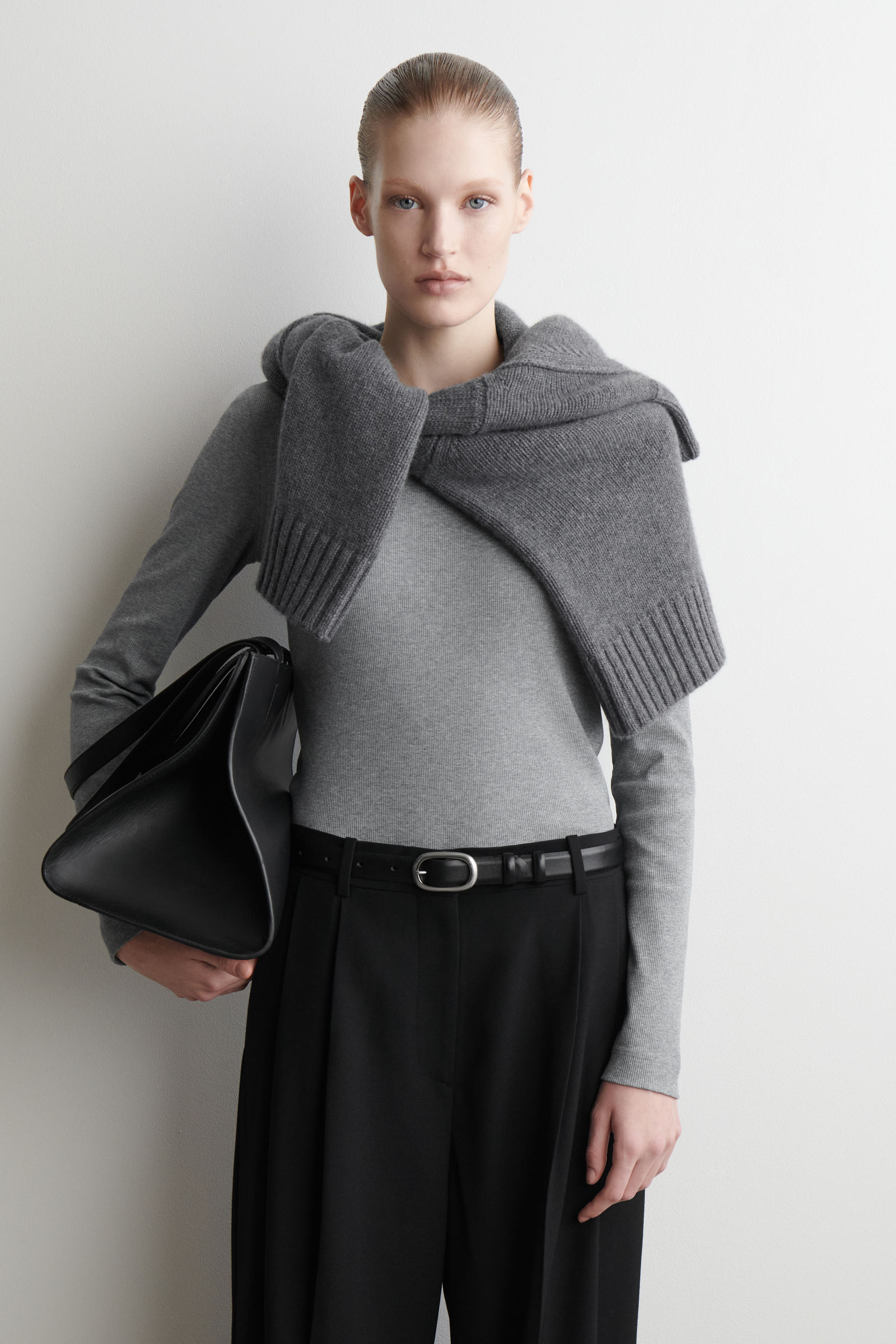 RIBBED JERSEY LONG-SLEEVED TOP リブジャージー長袖トップス グレー