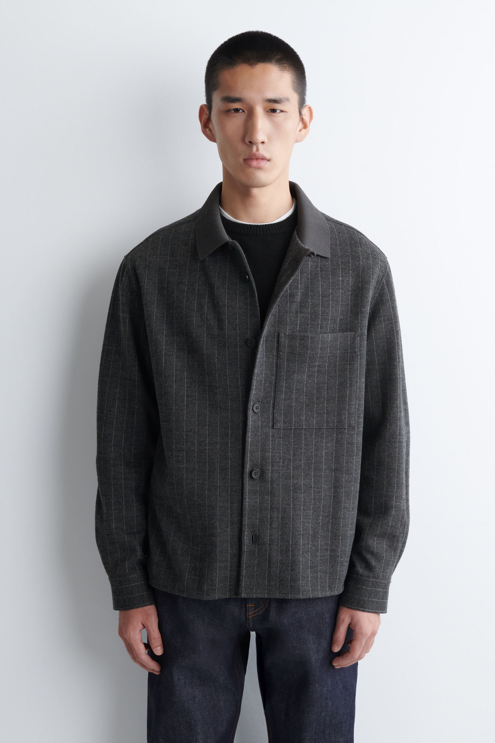 RELAXED PINSTRIPED WOOL-BLEND JERSEY SHIRT オーバーサイズピン