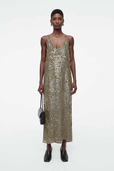 COS ストライプスパンコールスリップワンピース