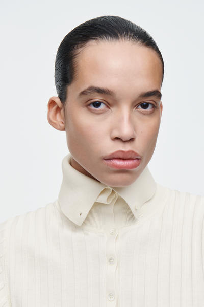 COS リブニットシルクポロトップ