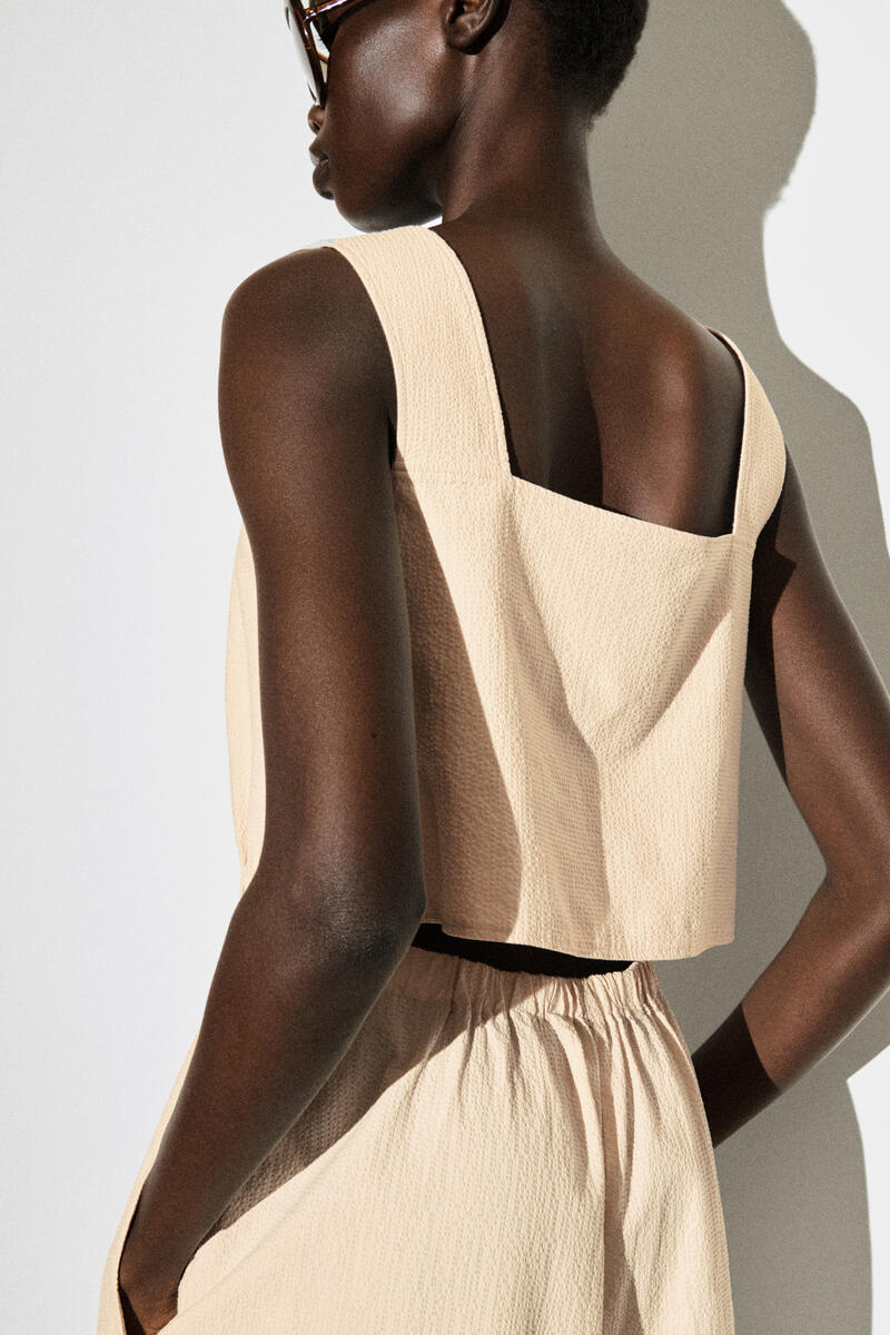 COS オープンバックシアサッカーワイドレッグジャンプスーツ