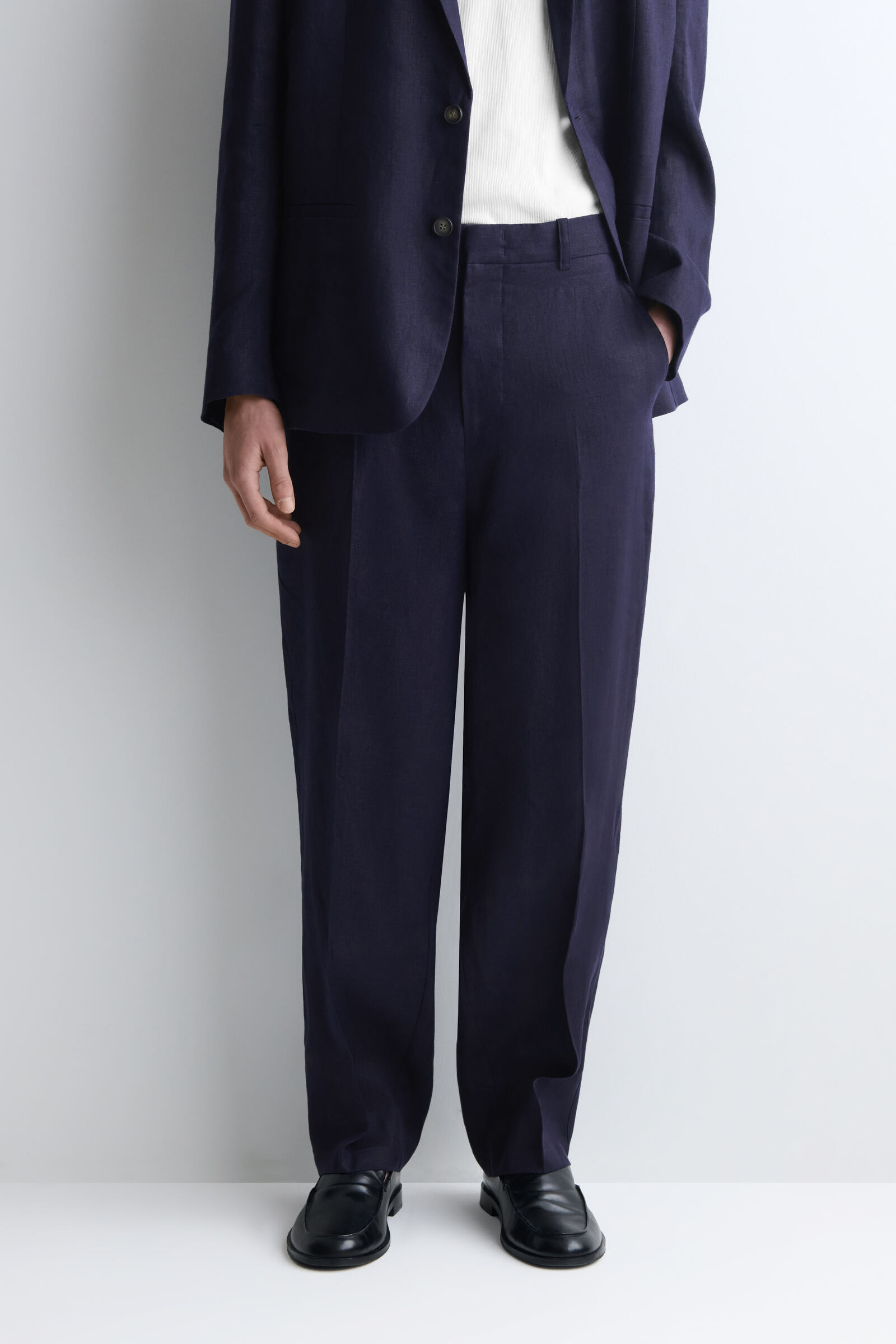 kosuke　COS リネンテーパードパンツ　ネイビー 紺 EUR 46 RELAXED LINEN TAPERED TROUSERS リラックスフィット リネンテーパード