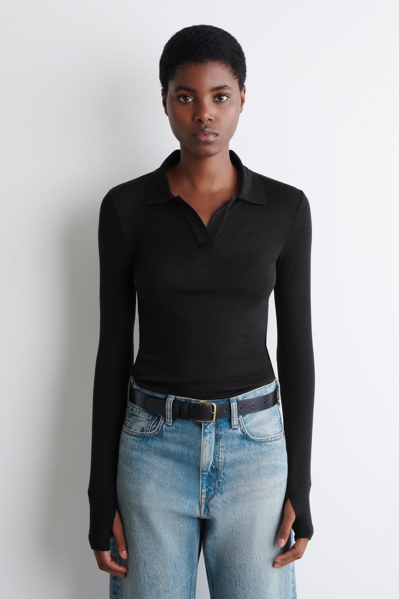 COS メリノウールポロシャツ MERINO WOOL POLO SHIRT メリノウールポロシャツ ブラック｜COS コス