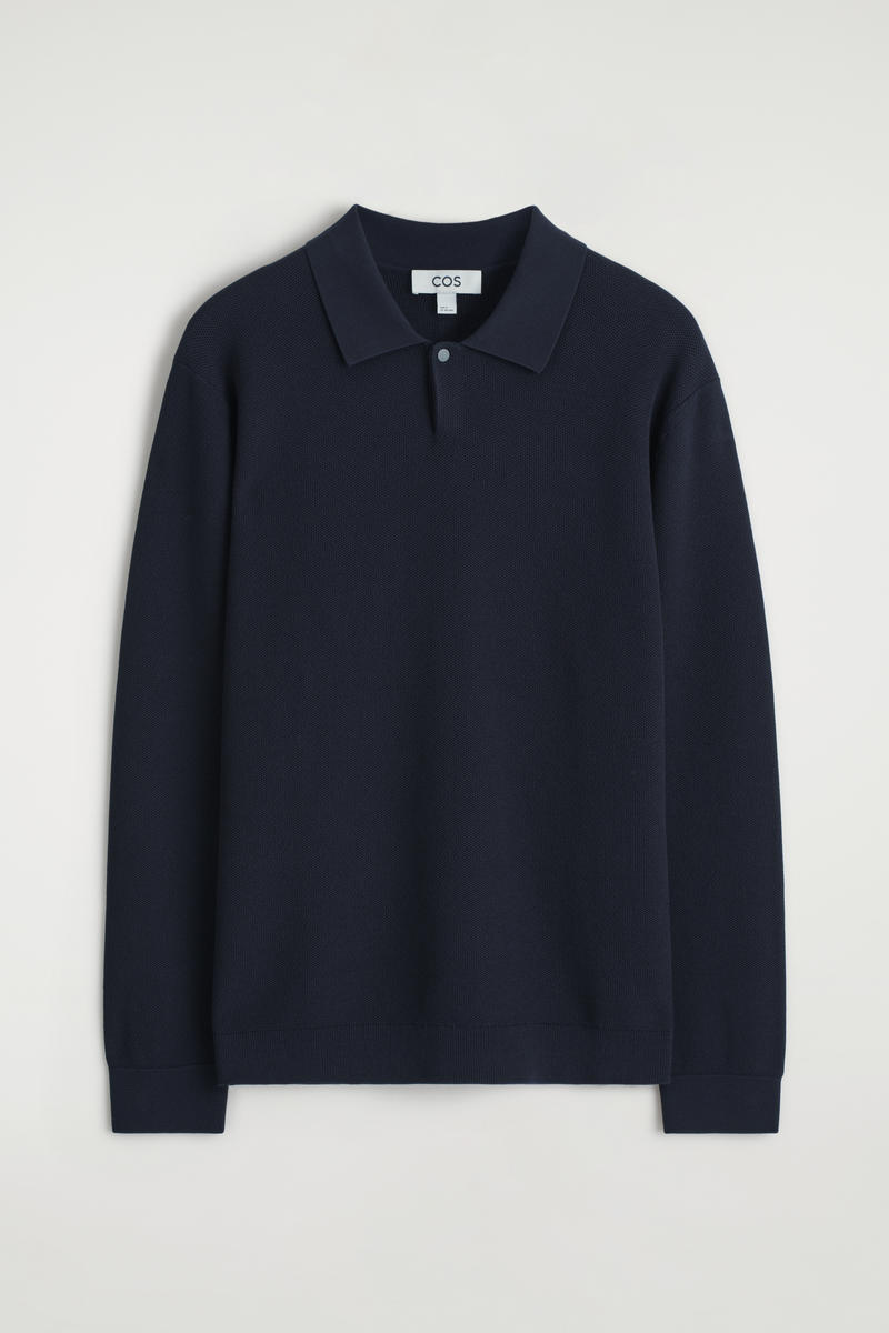 HONEYCOMB-KNIT POLO SHIRT ハニカムニットポロシャツ ネイビー｜COS