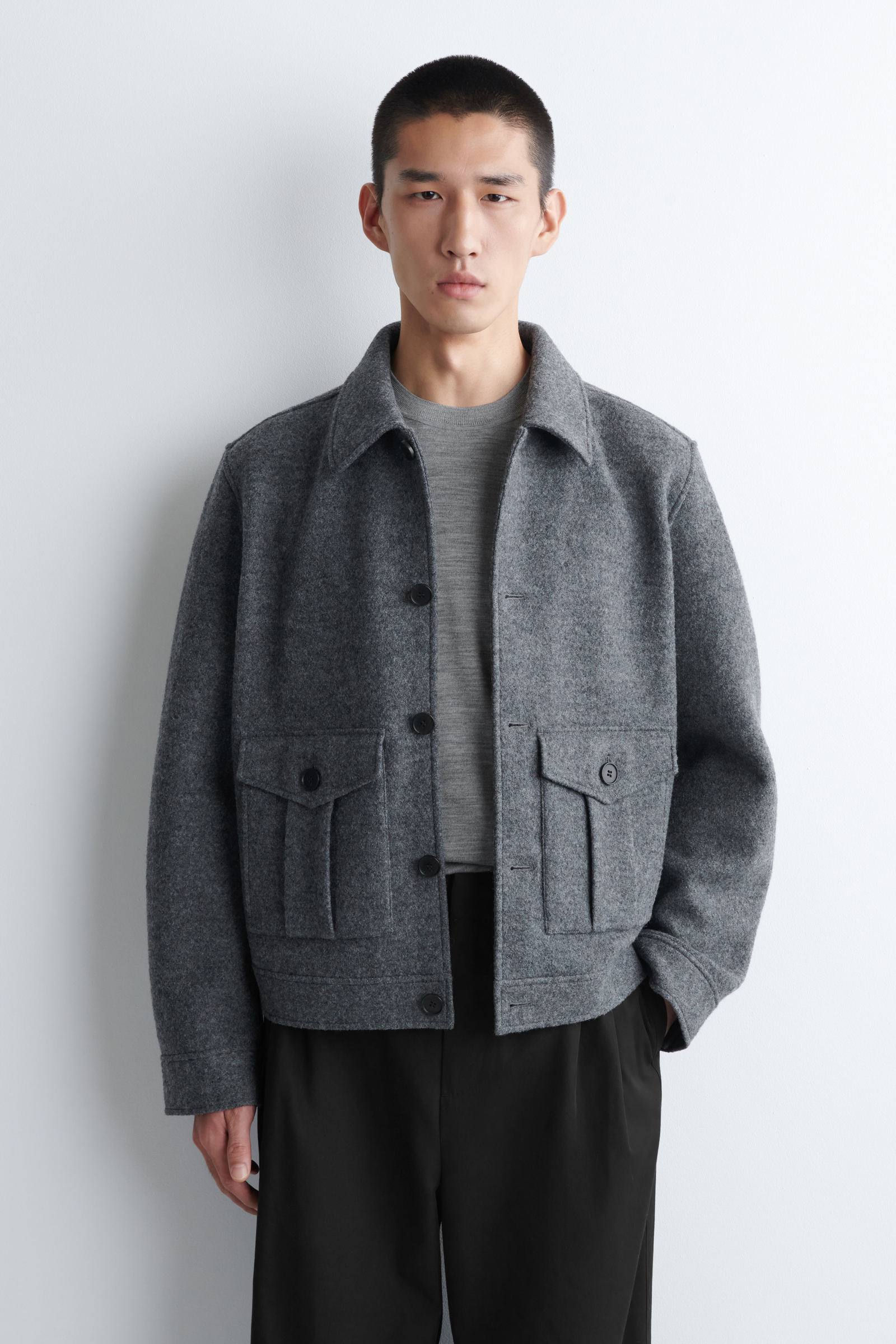 BOILED-WOOL JACKET ボイルドウールジャケット グレーメランジ｜COS