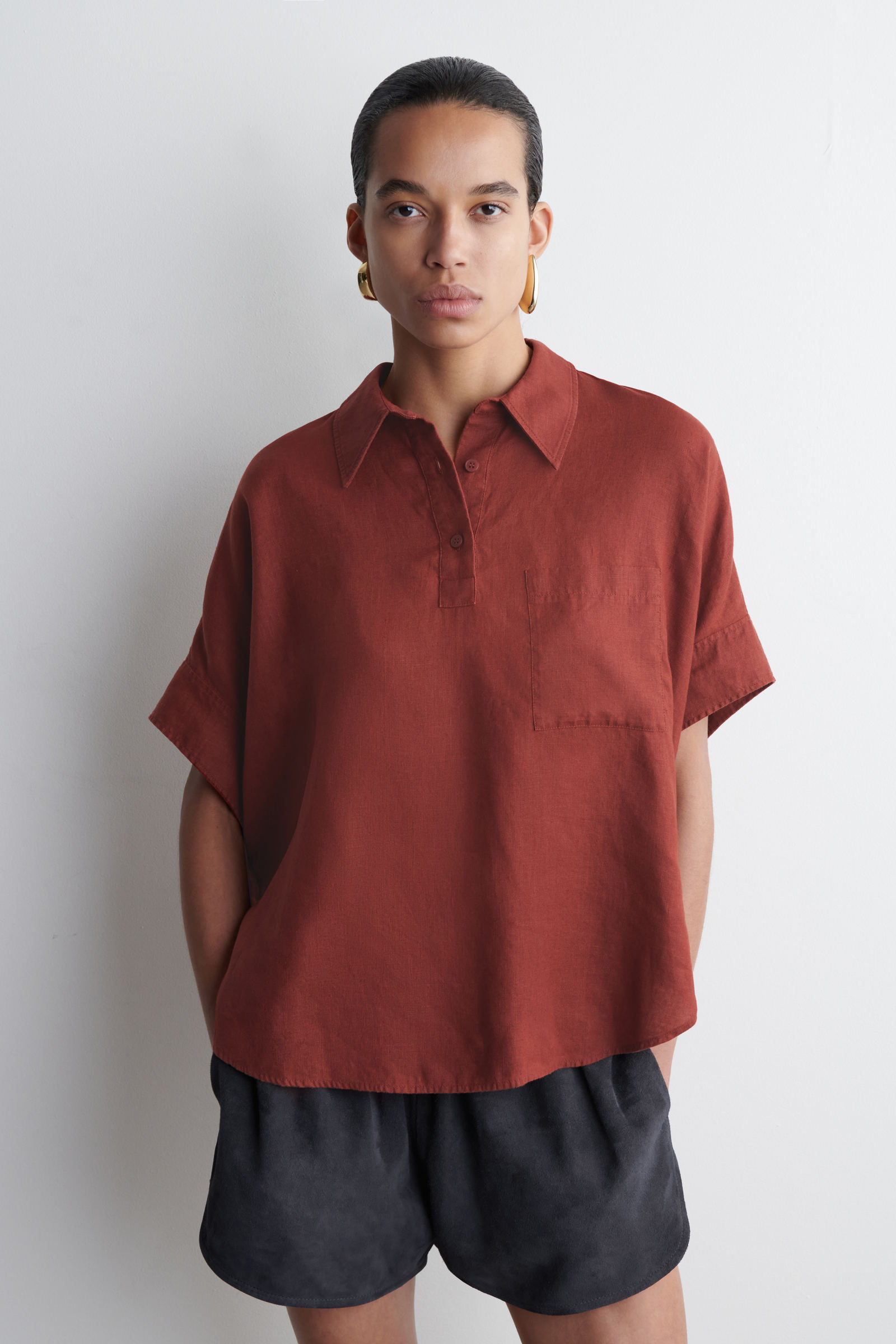 LINEN HALF-PLACKET SHIRT リネン ハーフプラケット シャツ ダーク