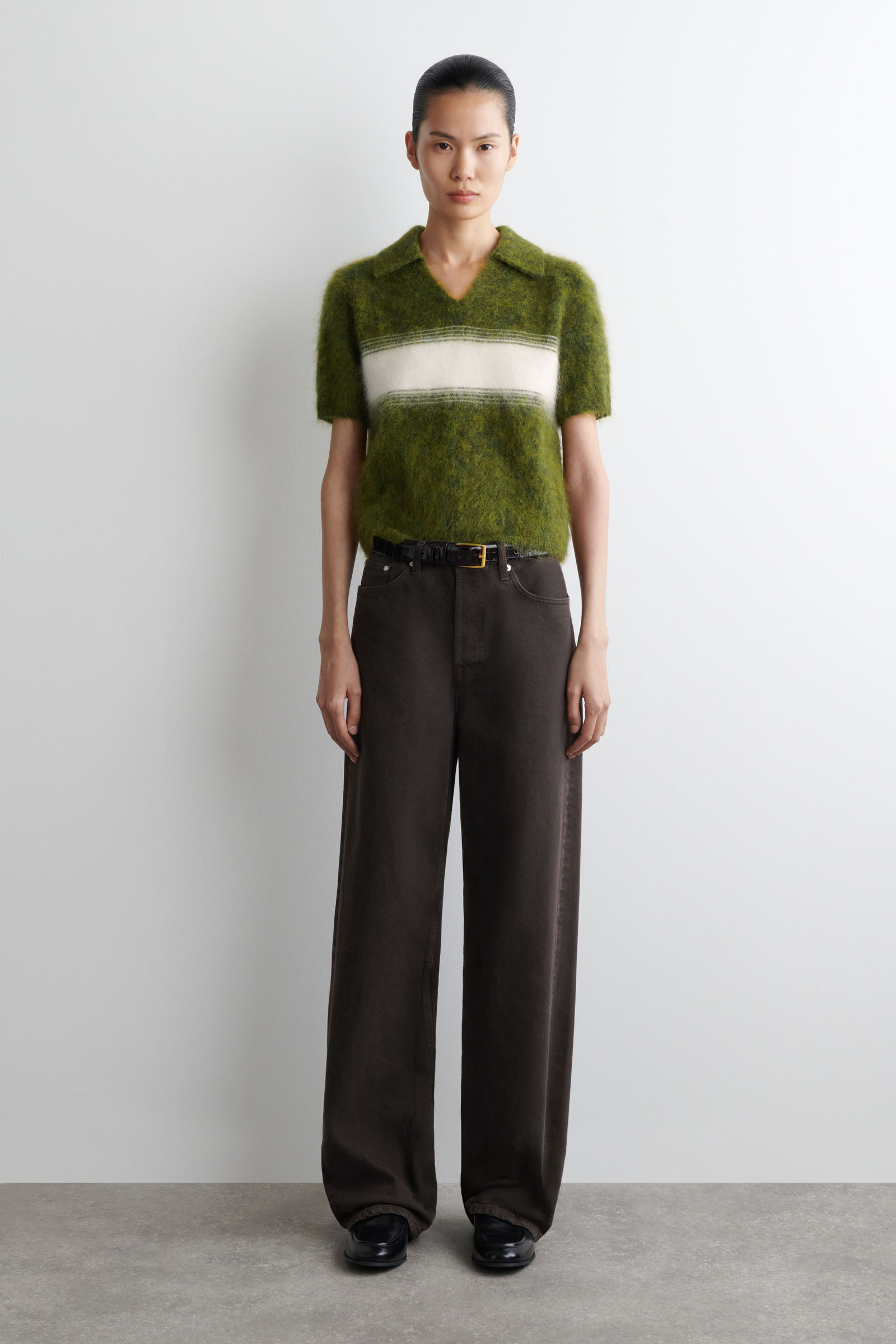 STRIPED MOHAIR-BLEND POLO JUMPER ストライプモヘア混紡ポロニット 