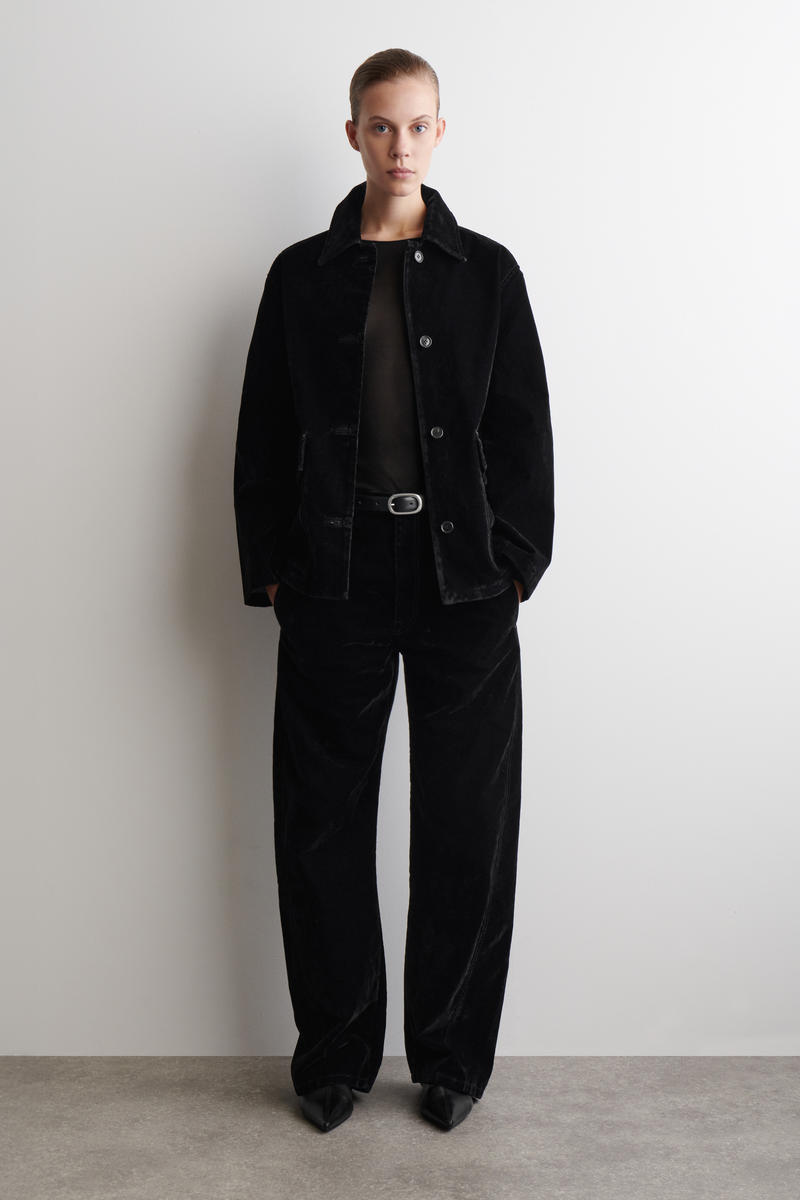 COS フロック加工デニムバレルレッグパンツ