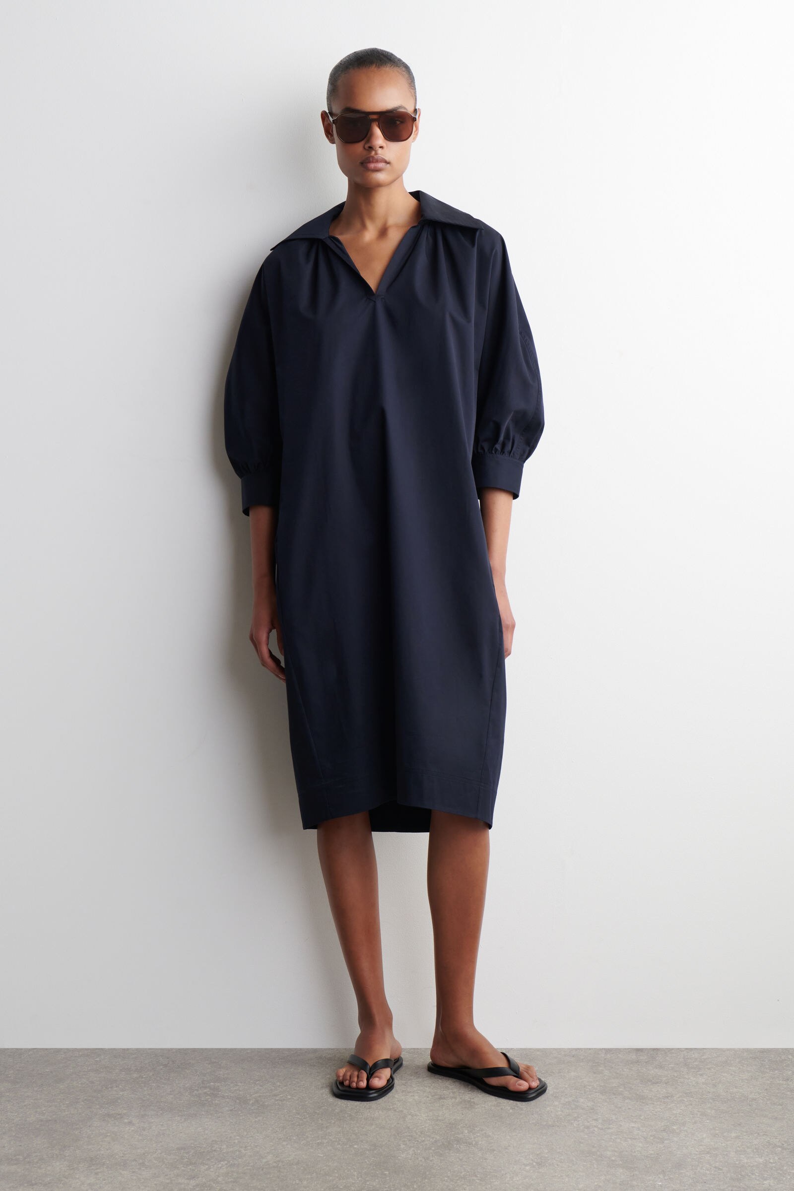 GATHERED COTTON MIDI SHIRT DRESS ギャザーコットンミディ