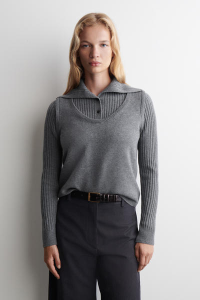 LAYERED MERINO WOOL JUMPER レイヤードメリノウールセーター グレー