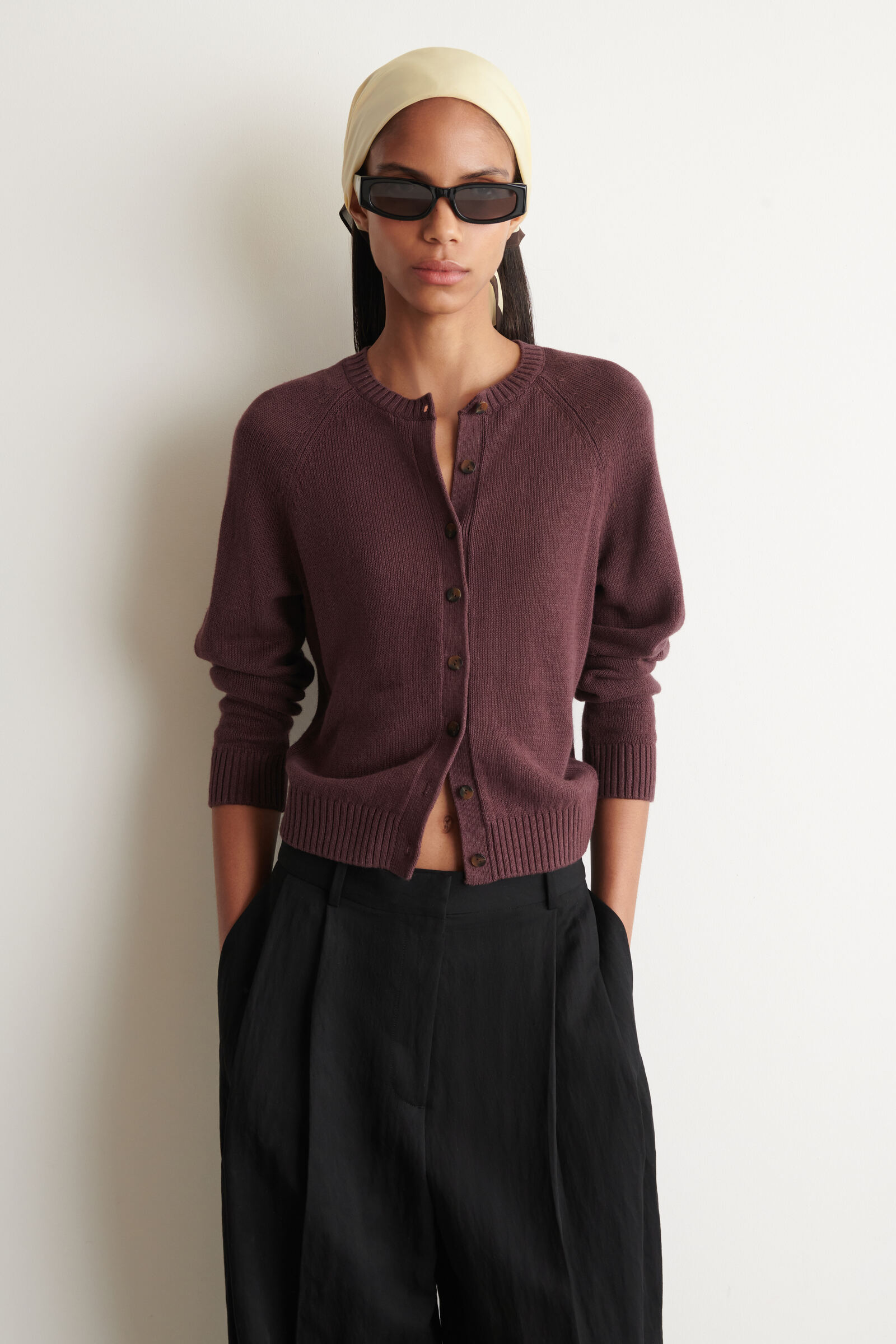 KNITTED LINEN CARDIGAN ニットリネンカーディガン バーガンディー