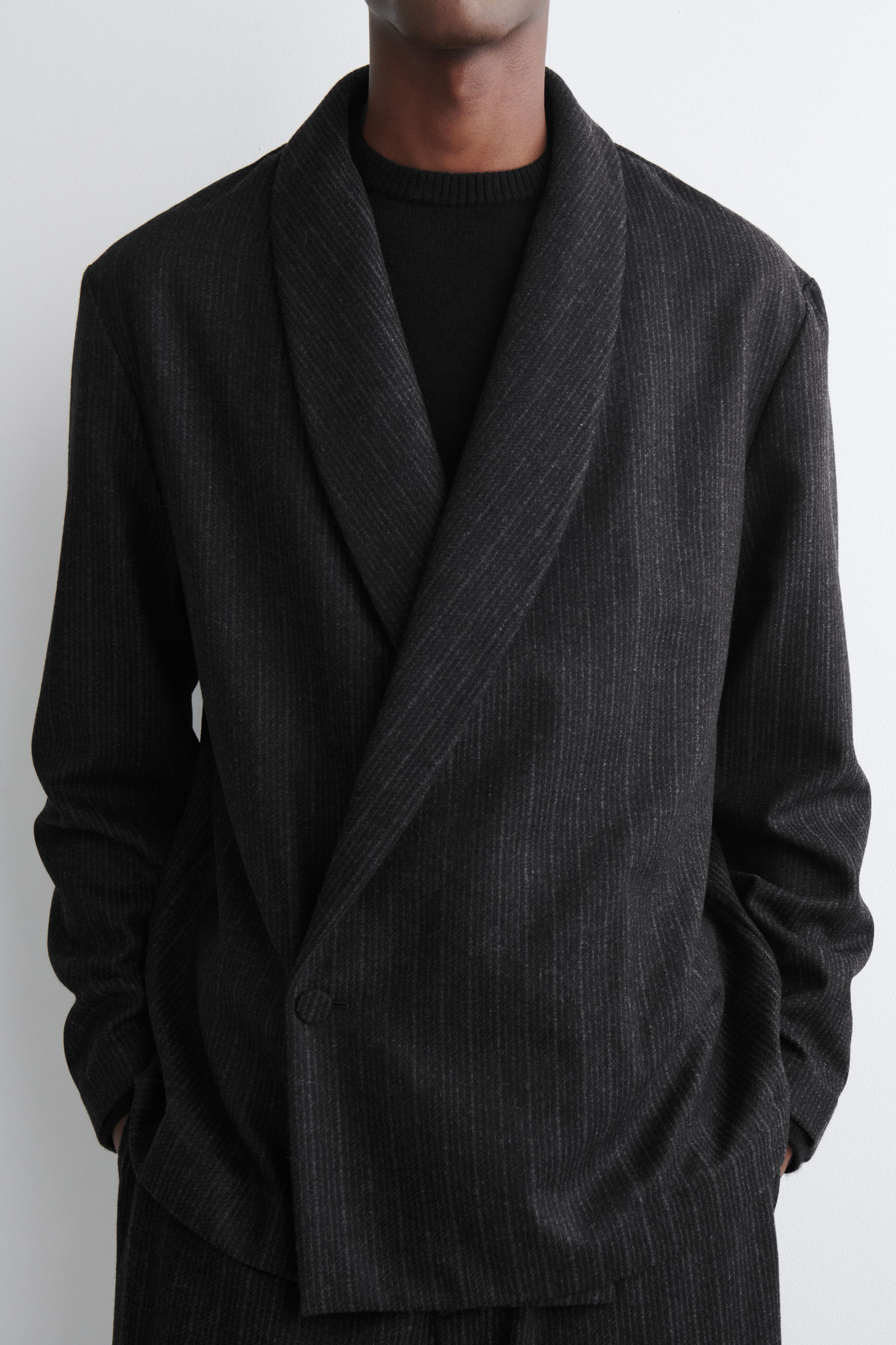PINSTRIPED WOOL WRAP SHIRT ピンストライプ ウールラップブレザー