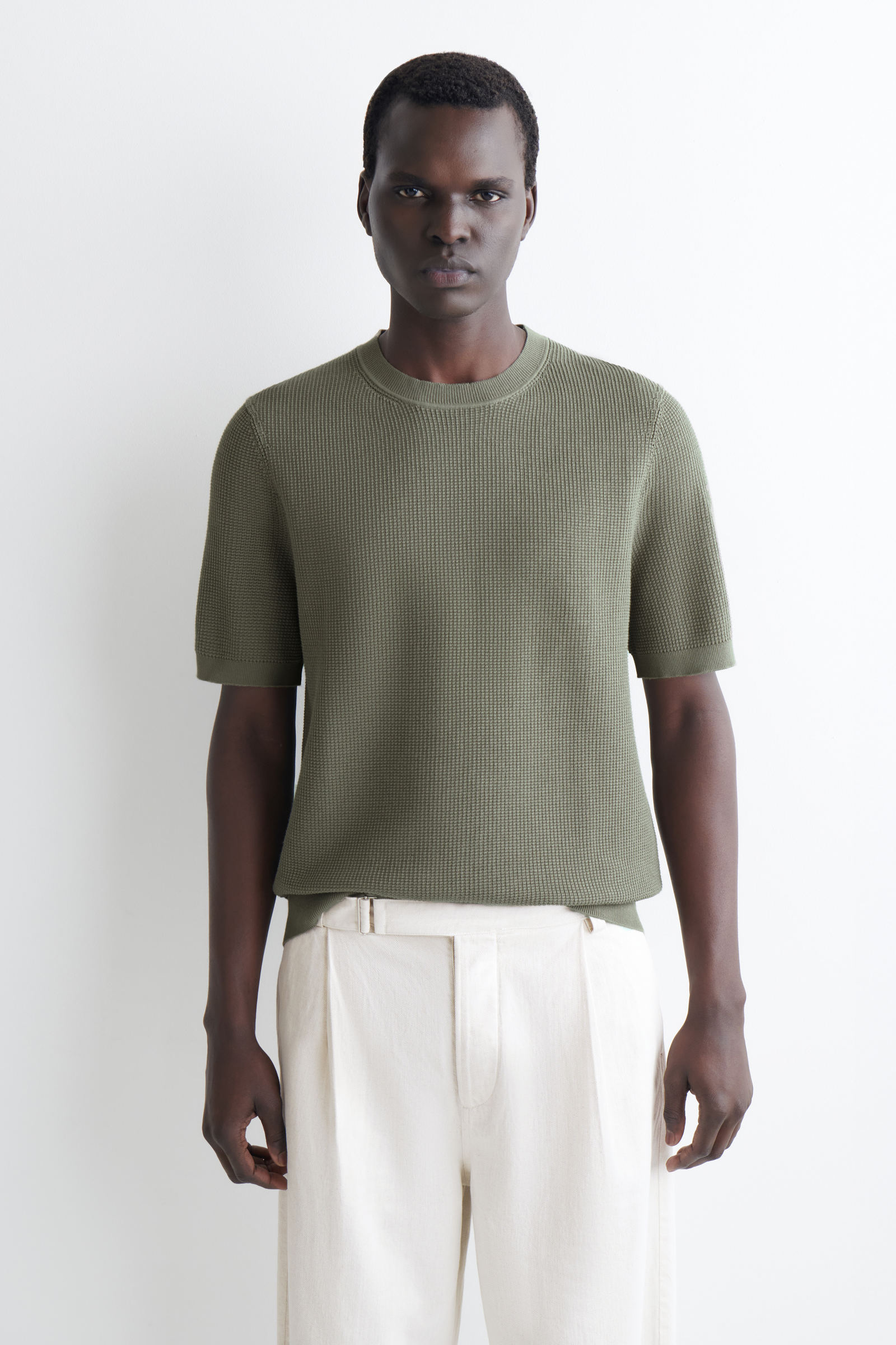 WAFFLE-KNIT COTTON T-SHIRT ワッフルニットコットンTシャツ カーキ