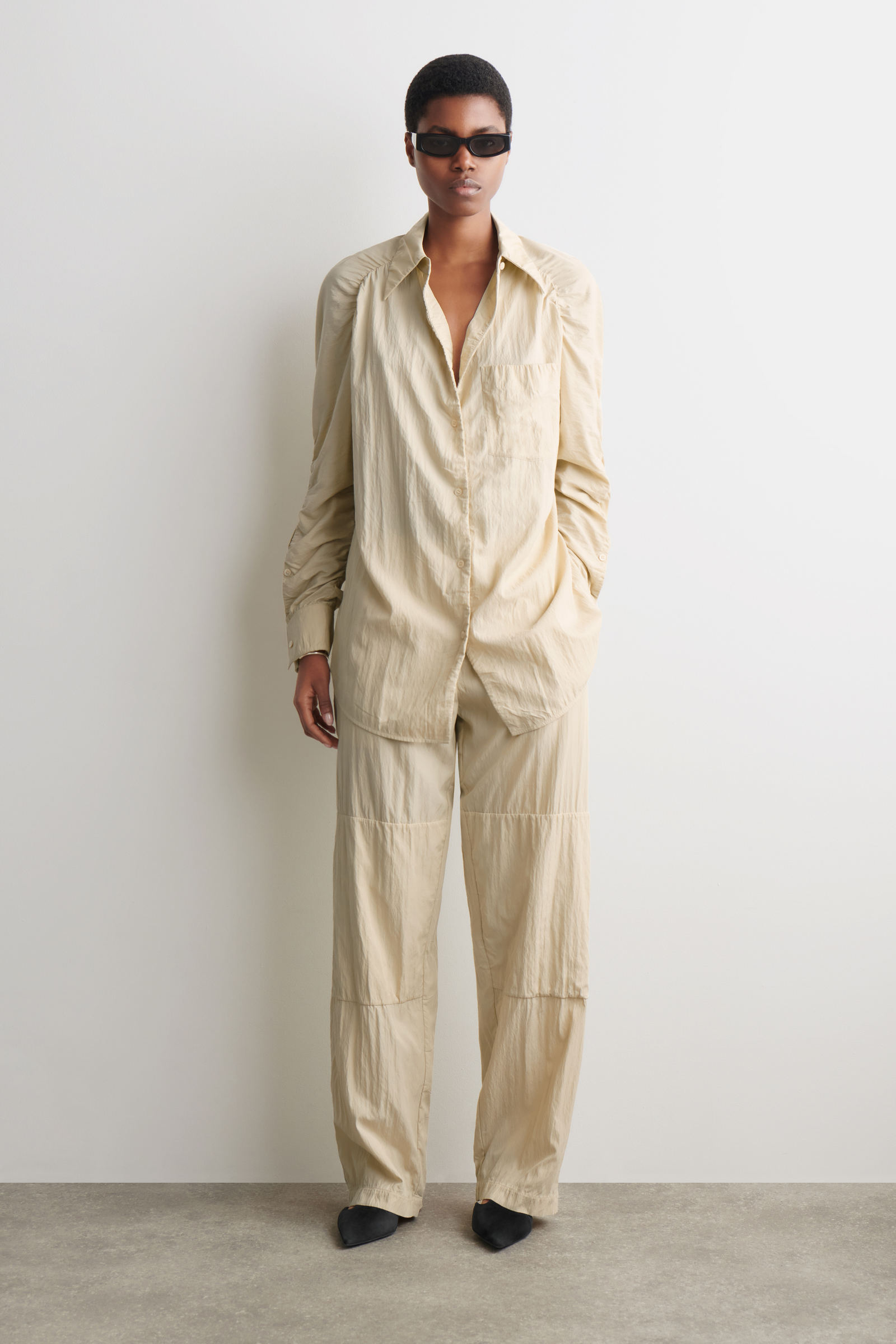 HANDMADE CRINKLED-SILK SHIRT しわ加工 シルクシャツ ライトベージュ