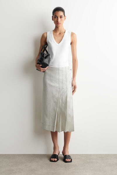 COS ベルト付き プリーツ入り リネンミディスカート