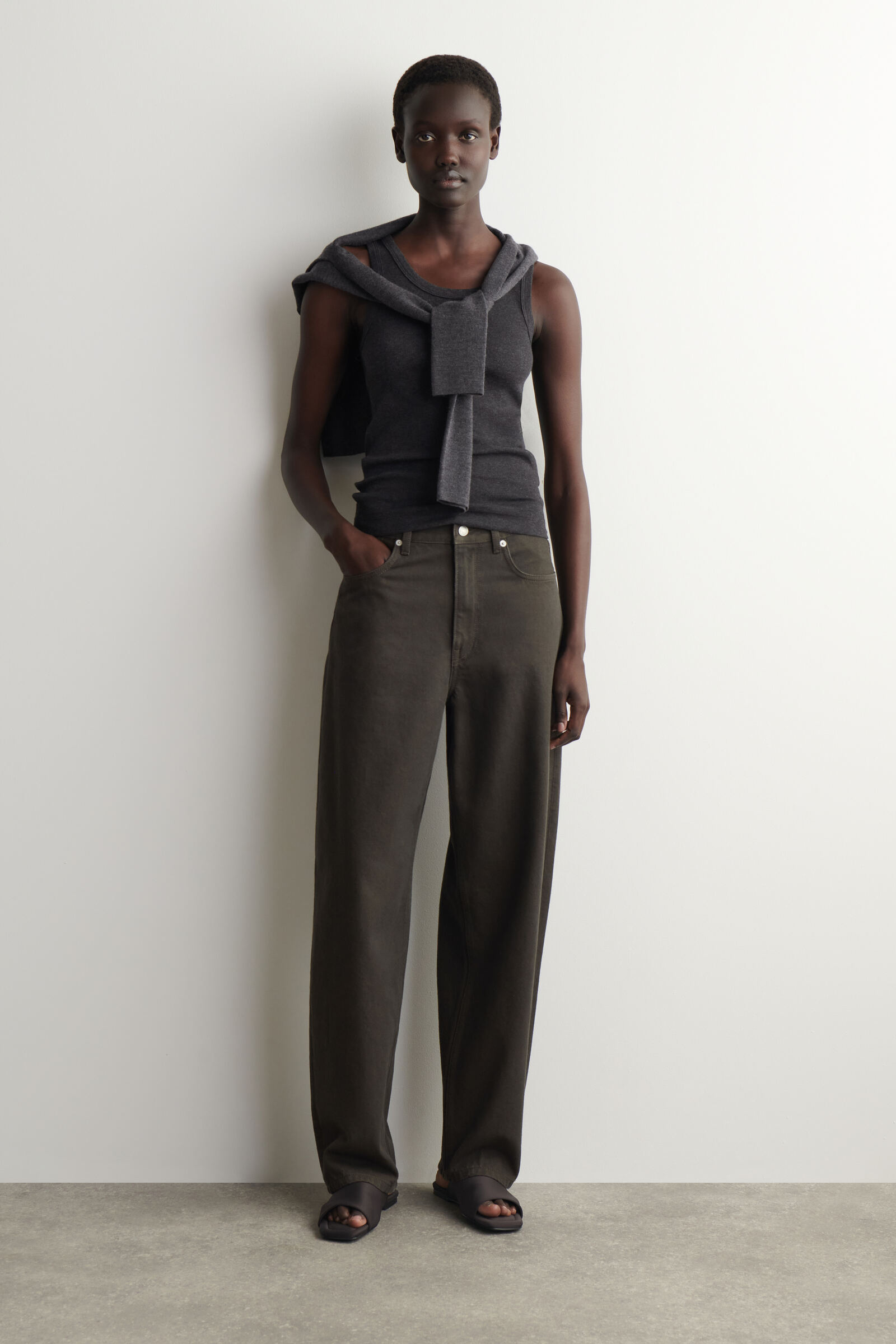 RIBBED COTTON TANK TOP リブ編みコットンタンクトップ チャコール
