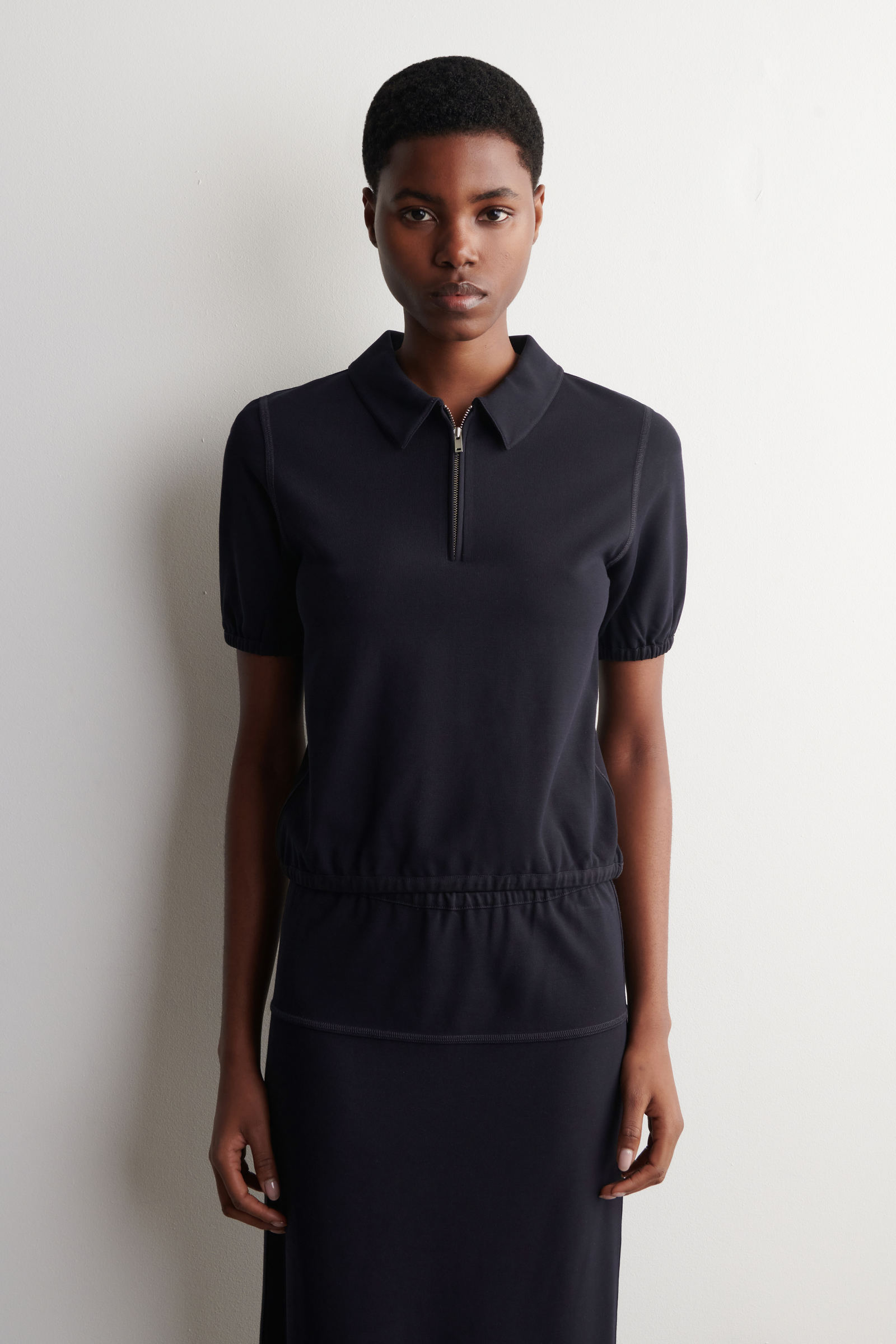 GATHERED JERSEY ZIPPED POLO TOP ジップアップポロシャツ ネイビー