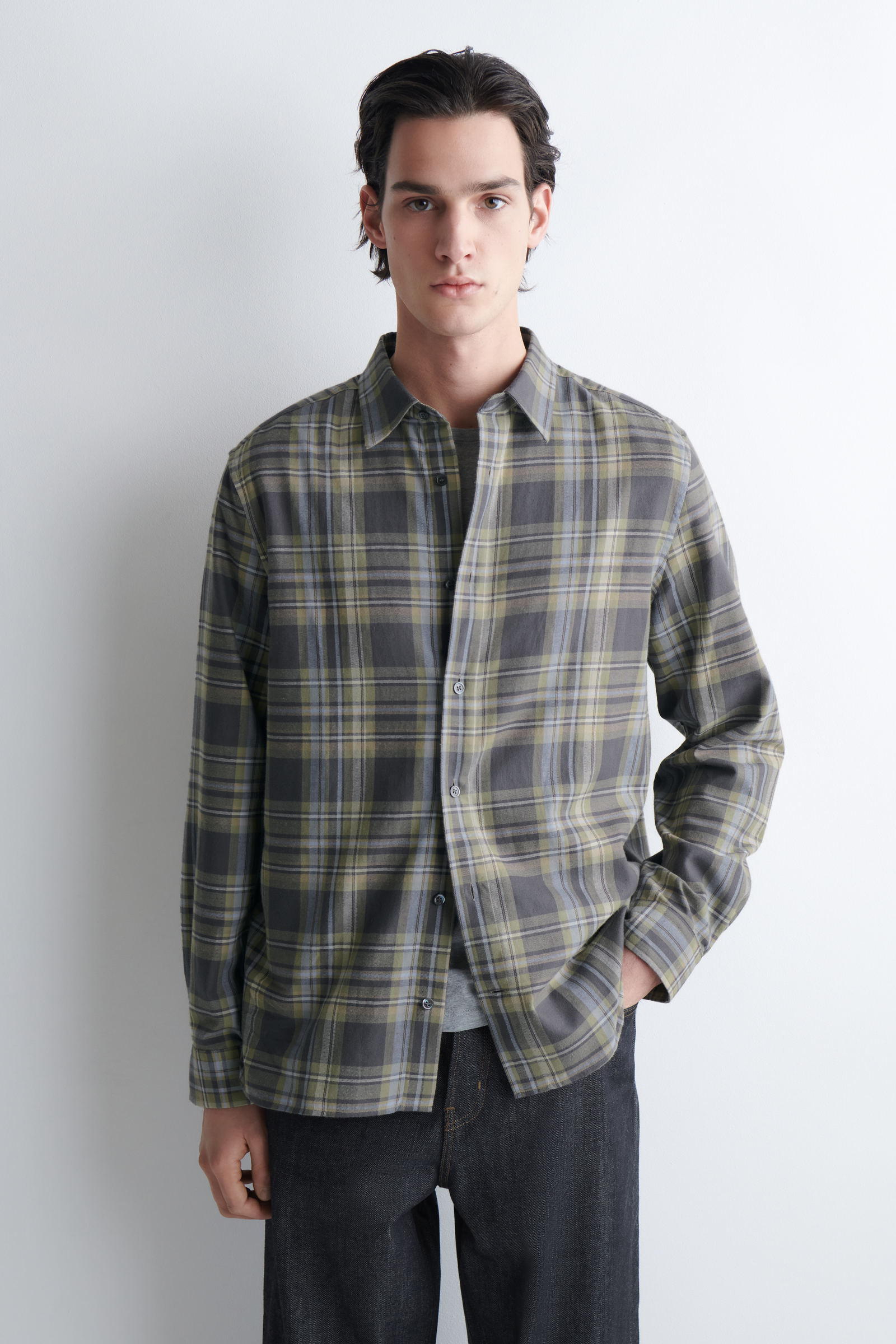 CHECKED COTTON-TWILL SHIRT チェック柄 コットンツイルシャツ グレー
