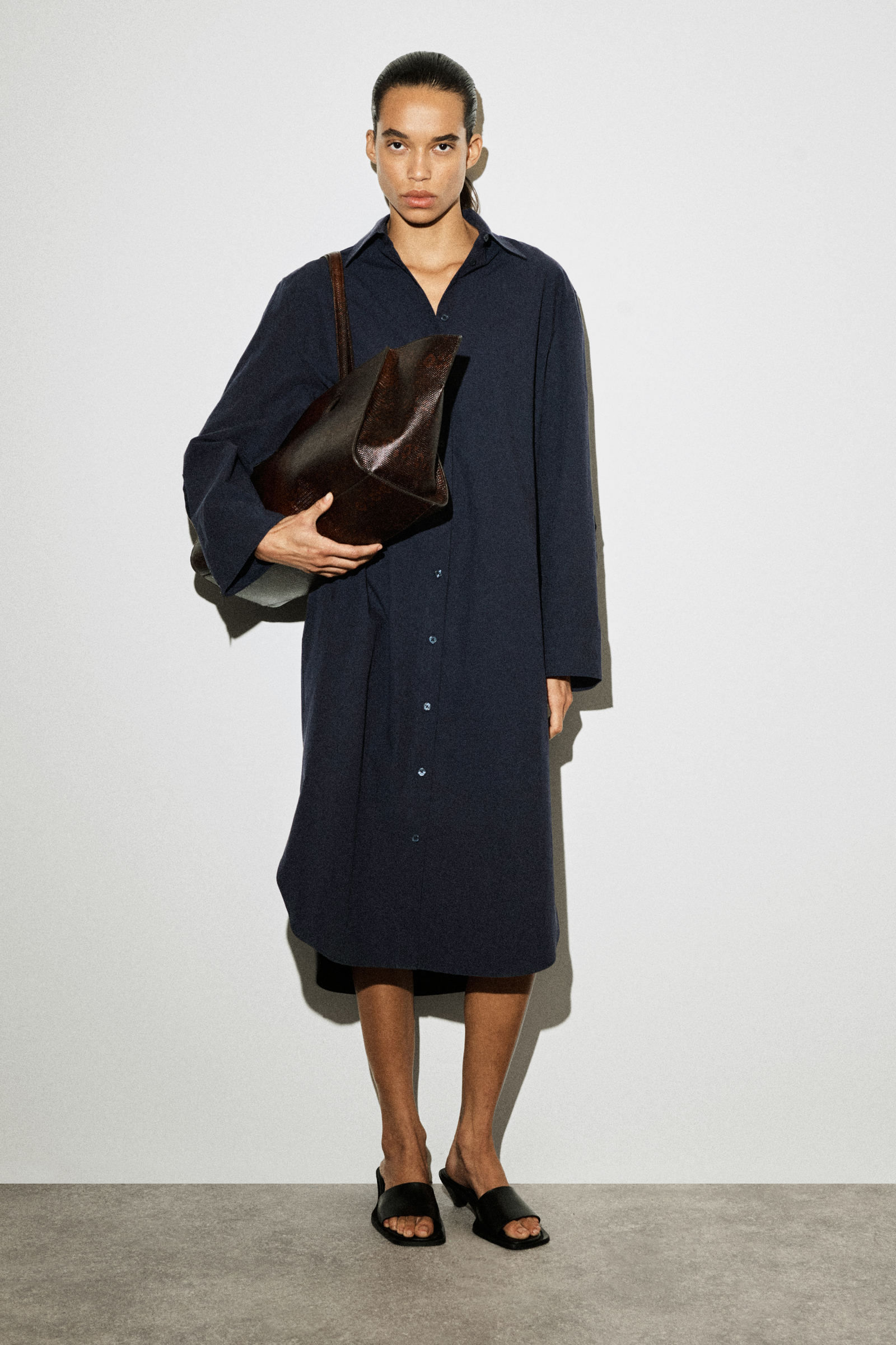 CURVED-SLEEVE COTTON MIDI SHIRT DRESS カーブスリーブ コットン