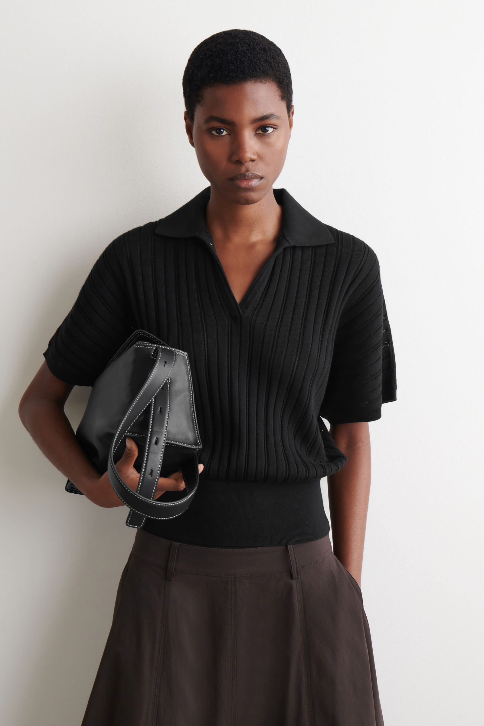 POINTELLE-KNIT COTTON POLO TOP 透かし編みニット コットンポロトップ