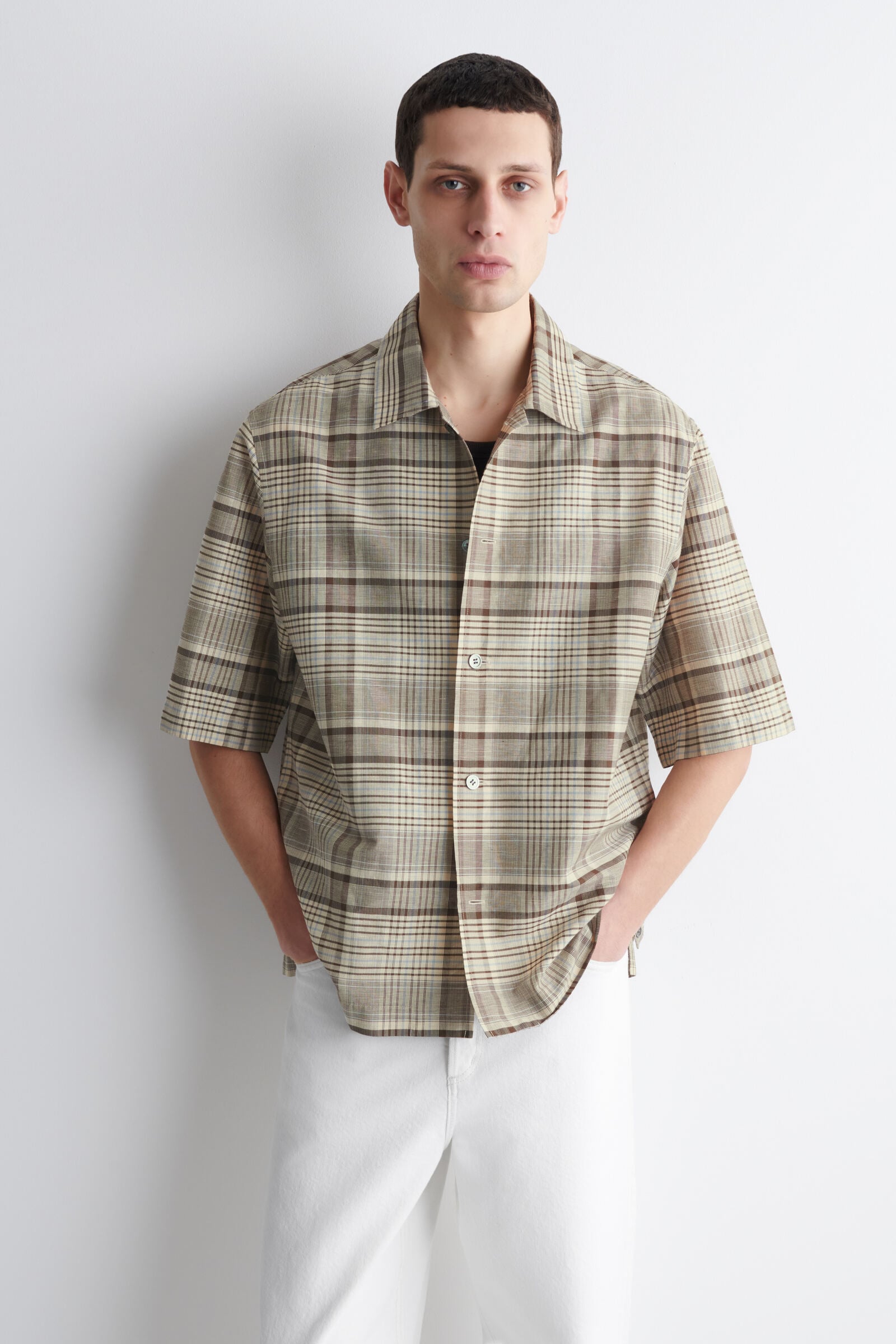 02253-0051 リネングレンチェック半袖シャツ CHECKED LINEN-BLEND SHORT-SLEEVED SHIRT チェック柄 リネンブレンド