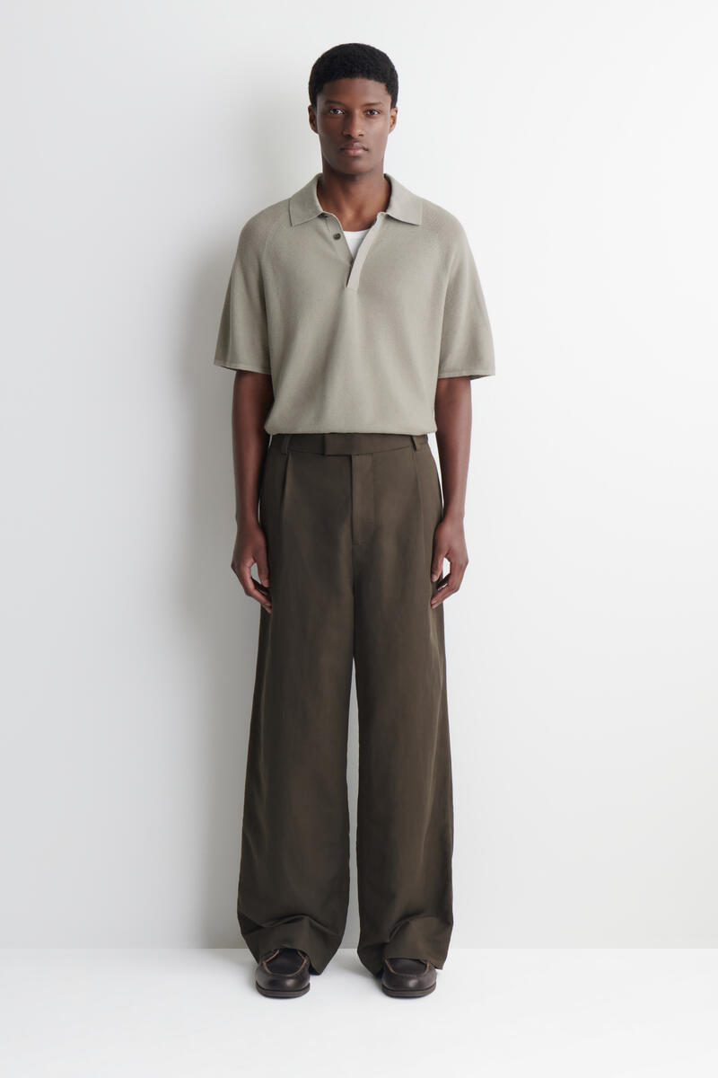 【美品】COS コス ニットポロ 半袖 カーキ XLサイズ シルク混 KNITTED LINEN-SILK POLO SHIRT リネンシルク ニットポロシャツ ライト