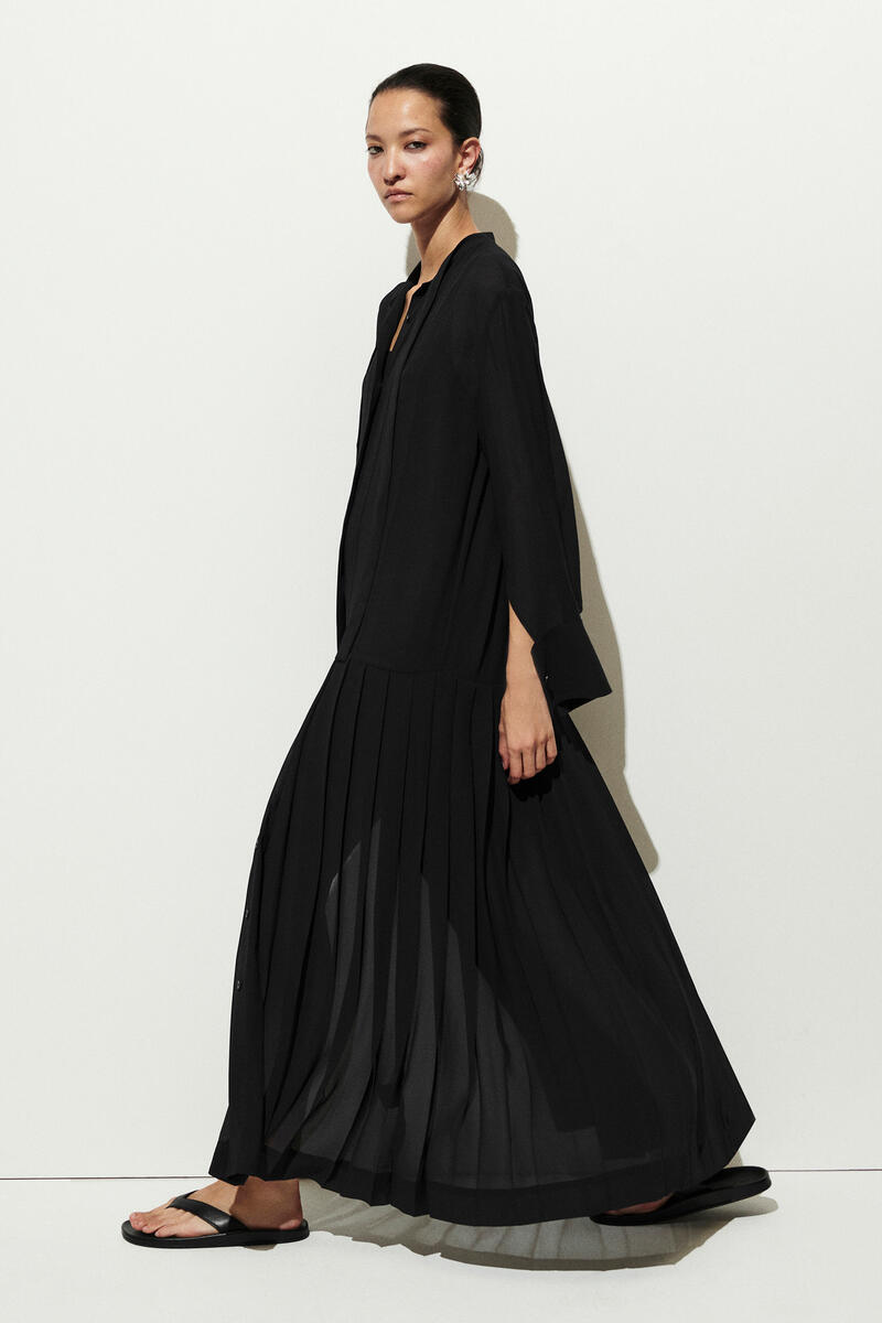 PLEATED BOW-DETAIL MIDI SHIRT DRESS プリーツボウディテール ミディ