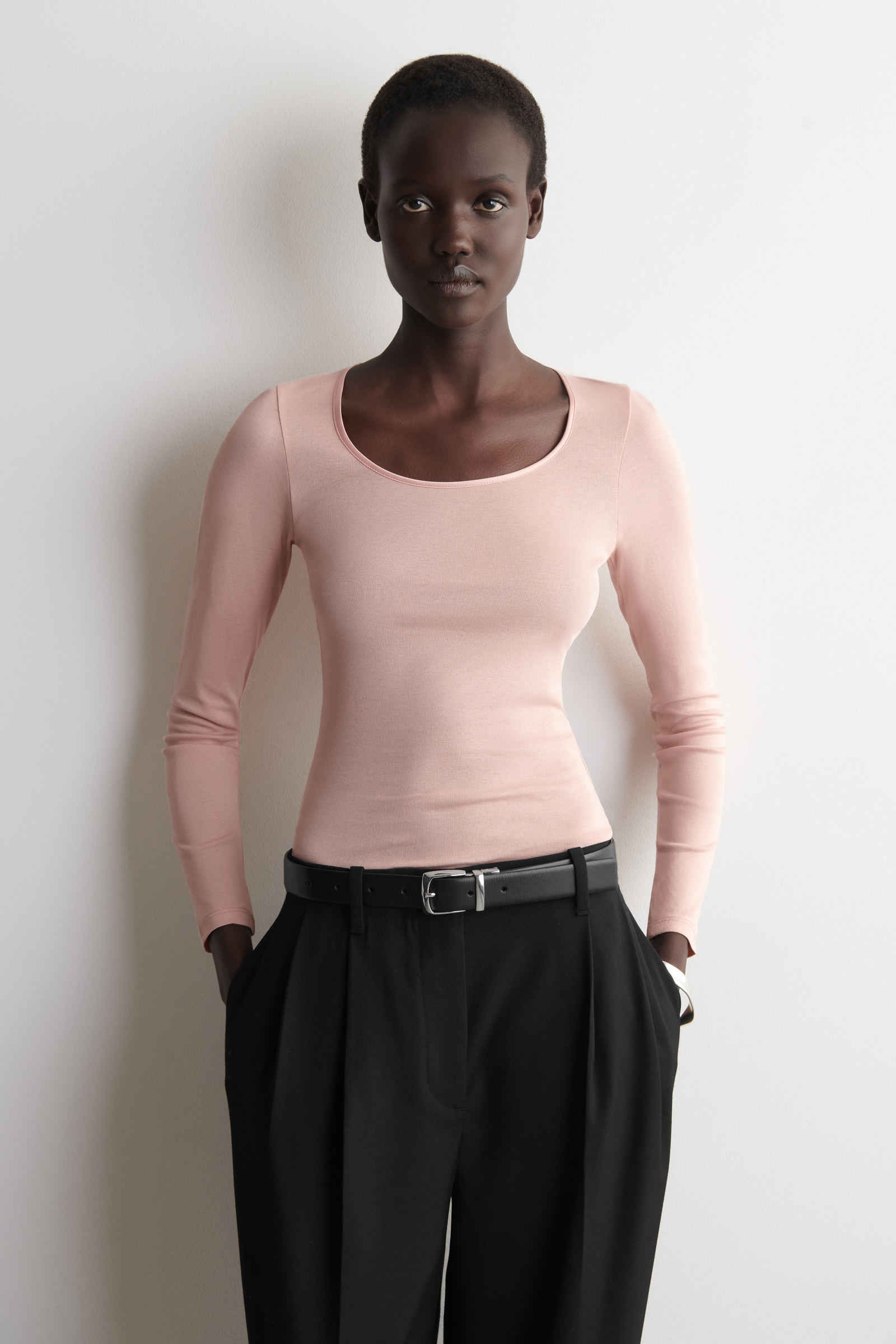 SATIN-TRIMMED COTTON-JERSEY LONG-SLEEVED TOP サテントリム コットン