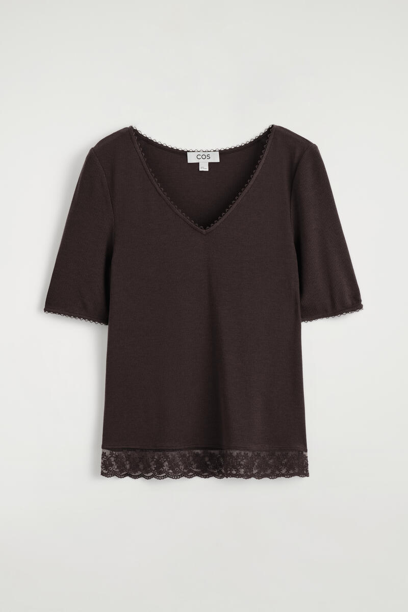 COS レーストリムリブVネックTシャツ
