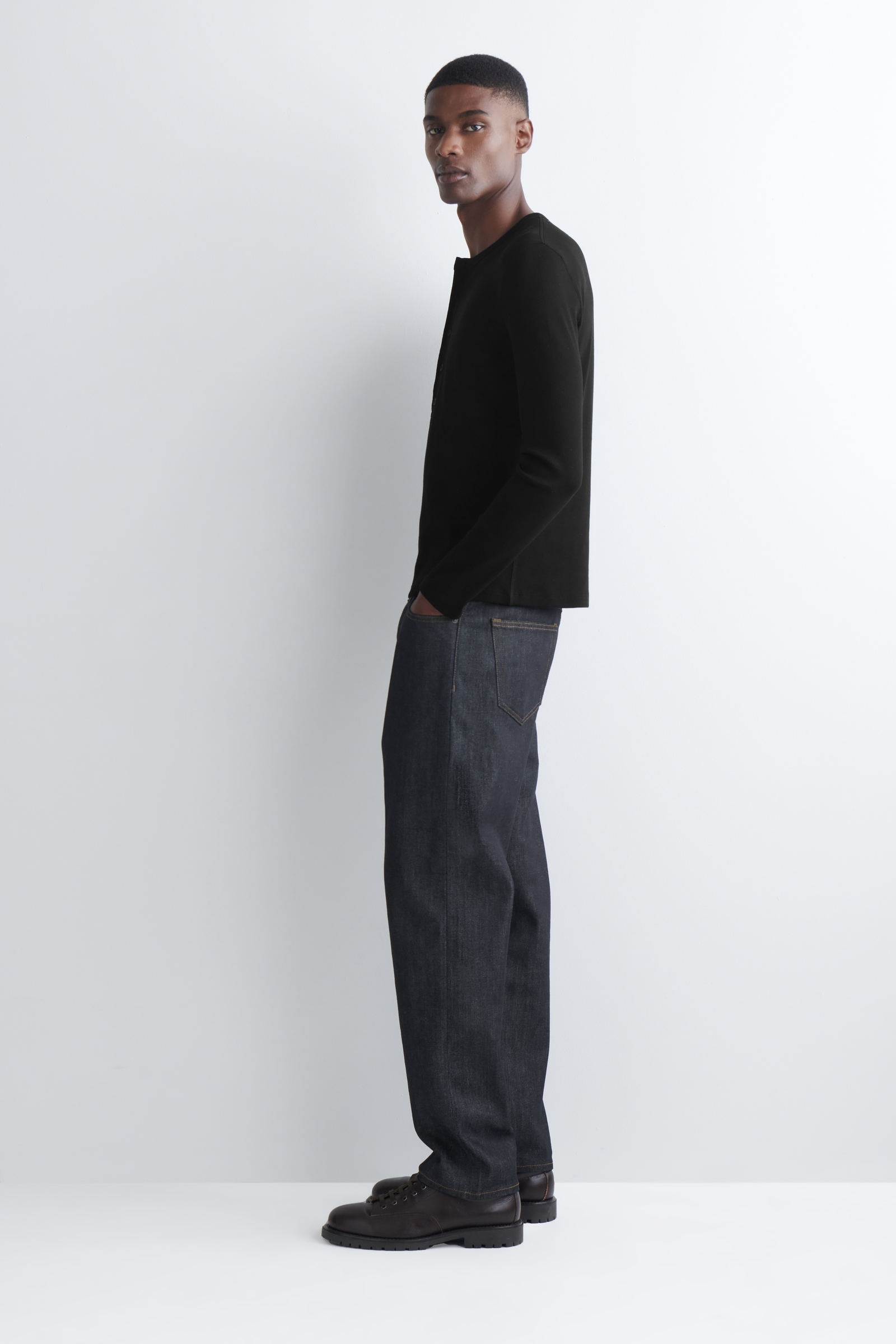 SLIM RIBBED COTTON LONG-SLEEVED HENLEY T-SHIRT リブ編み コットン 