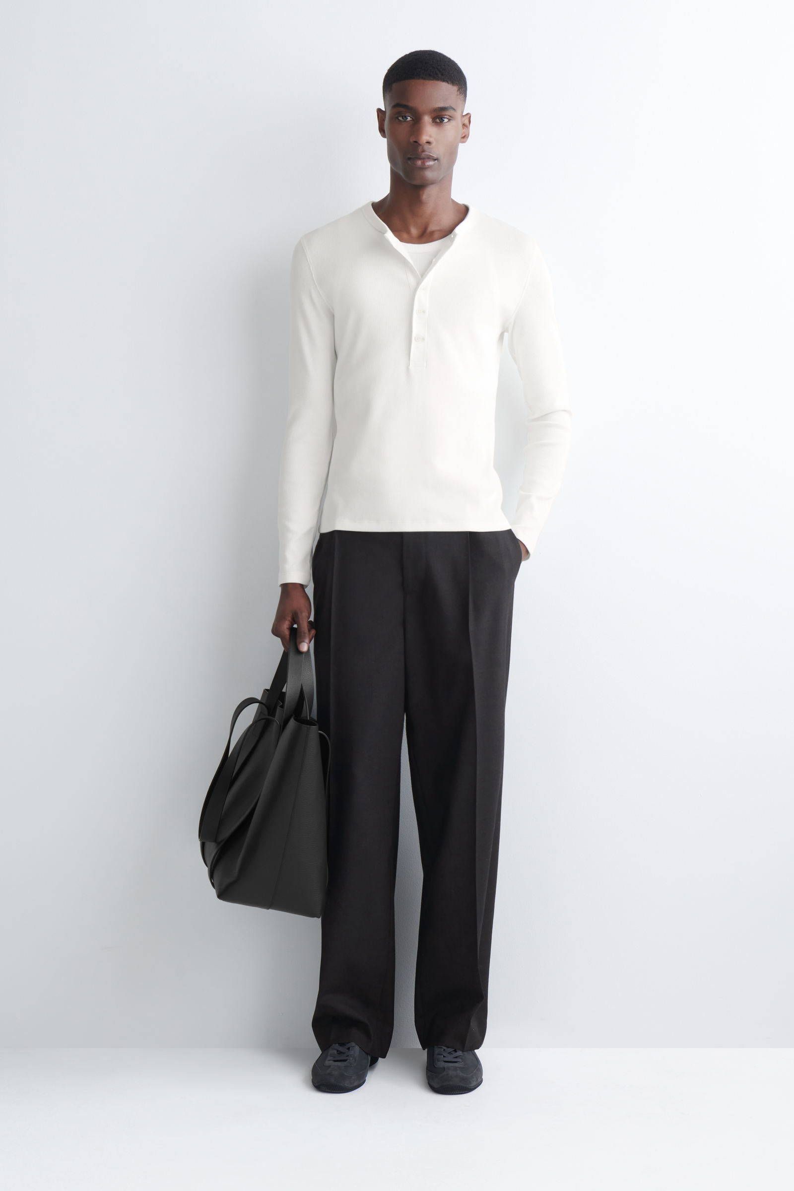 SLIM RIBBED COTTON LONG-SLEEVED HENLEY T-SHIRT リブ編み コットン