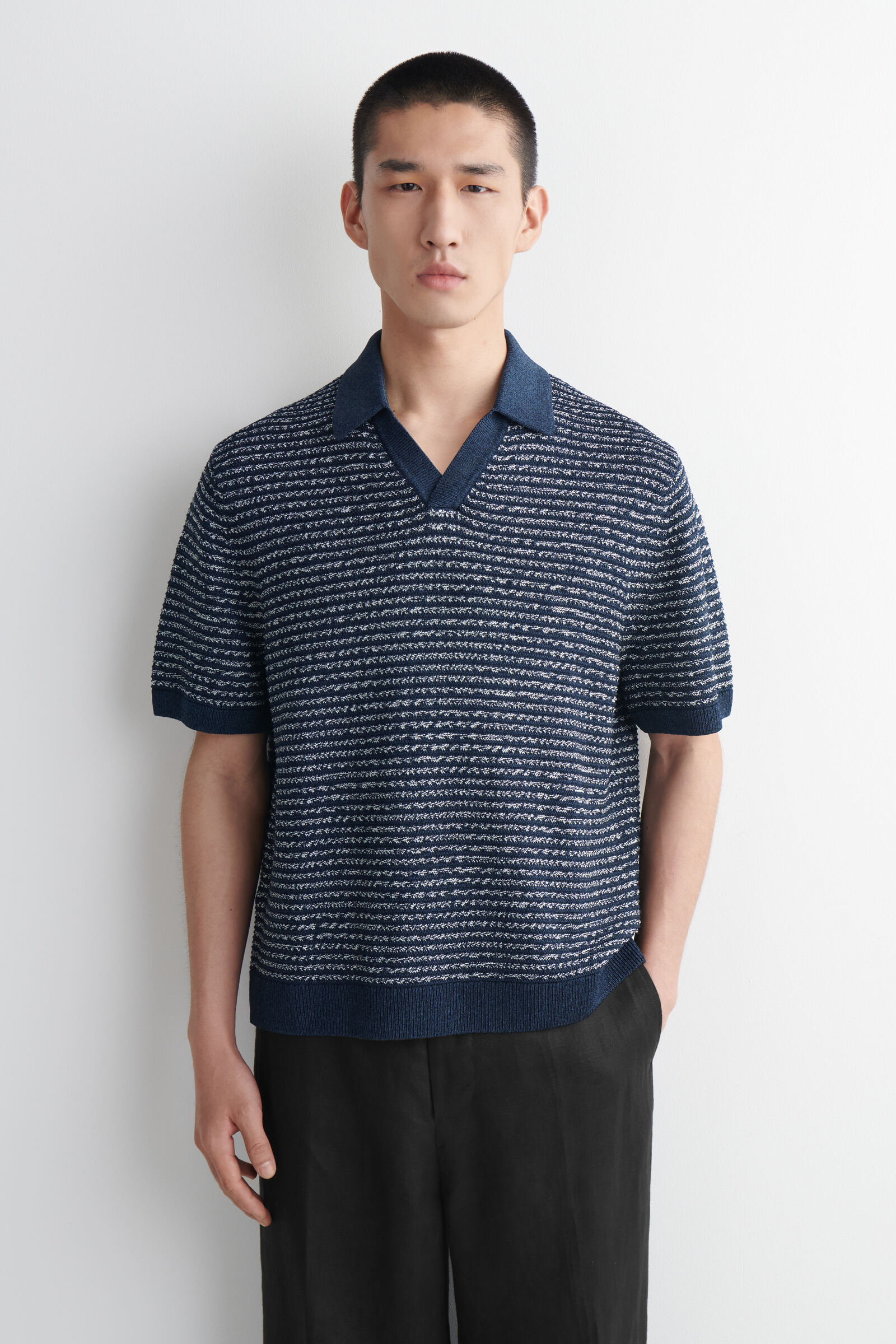 OPEN-KNIT POLO SHIRT オープンニットポロシャツ ネイビー / ホワイト