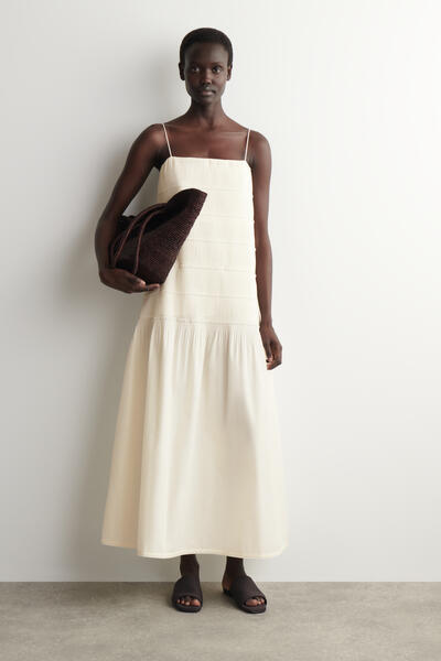 RUCHED DROPPED-WAIST POPLIN MIDI DRESS