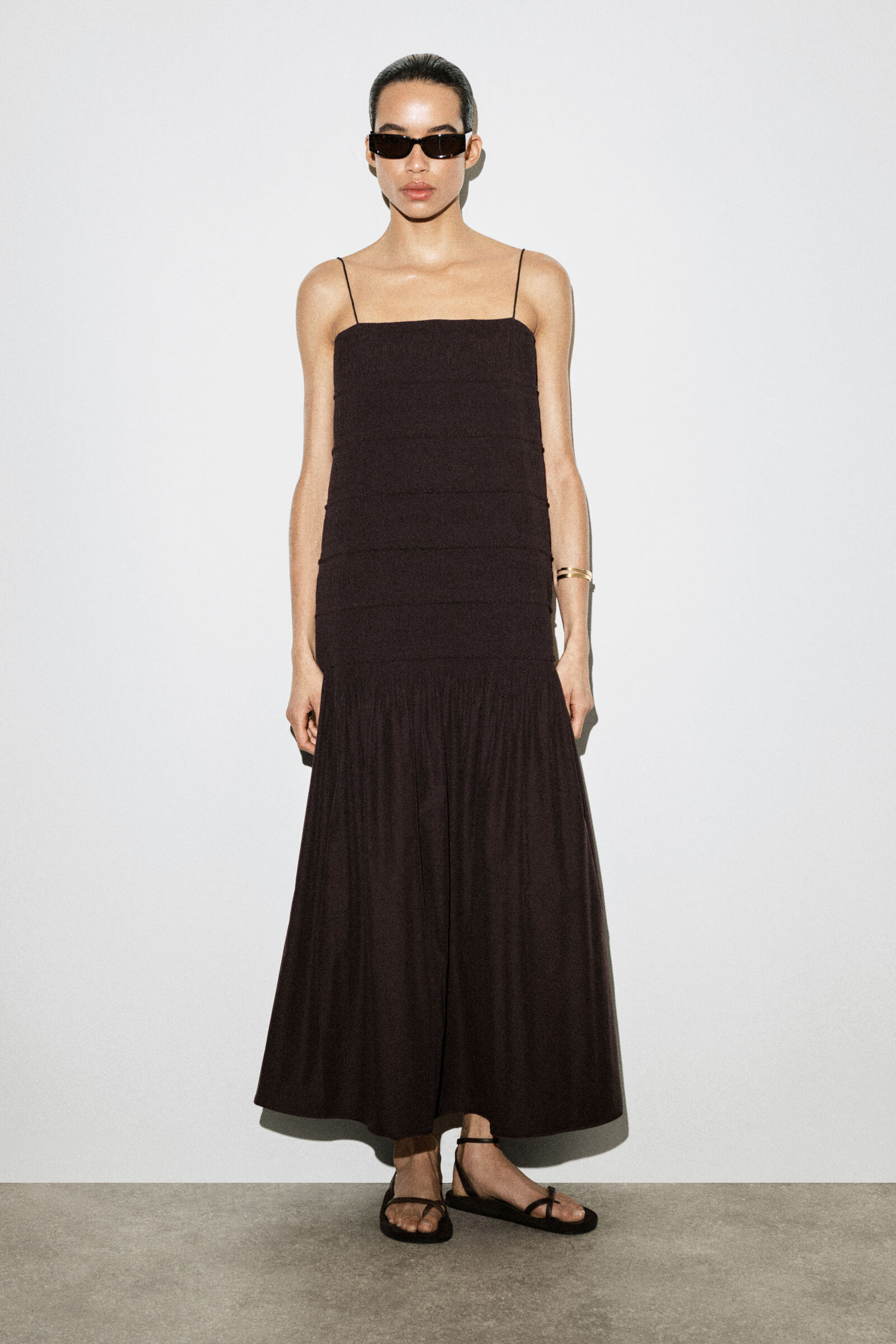 RUCHED DROPPED-WAIST POPLIN MIDI DRESS ギャザー ドロップウエスト