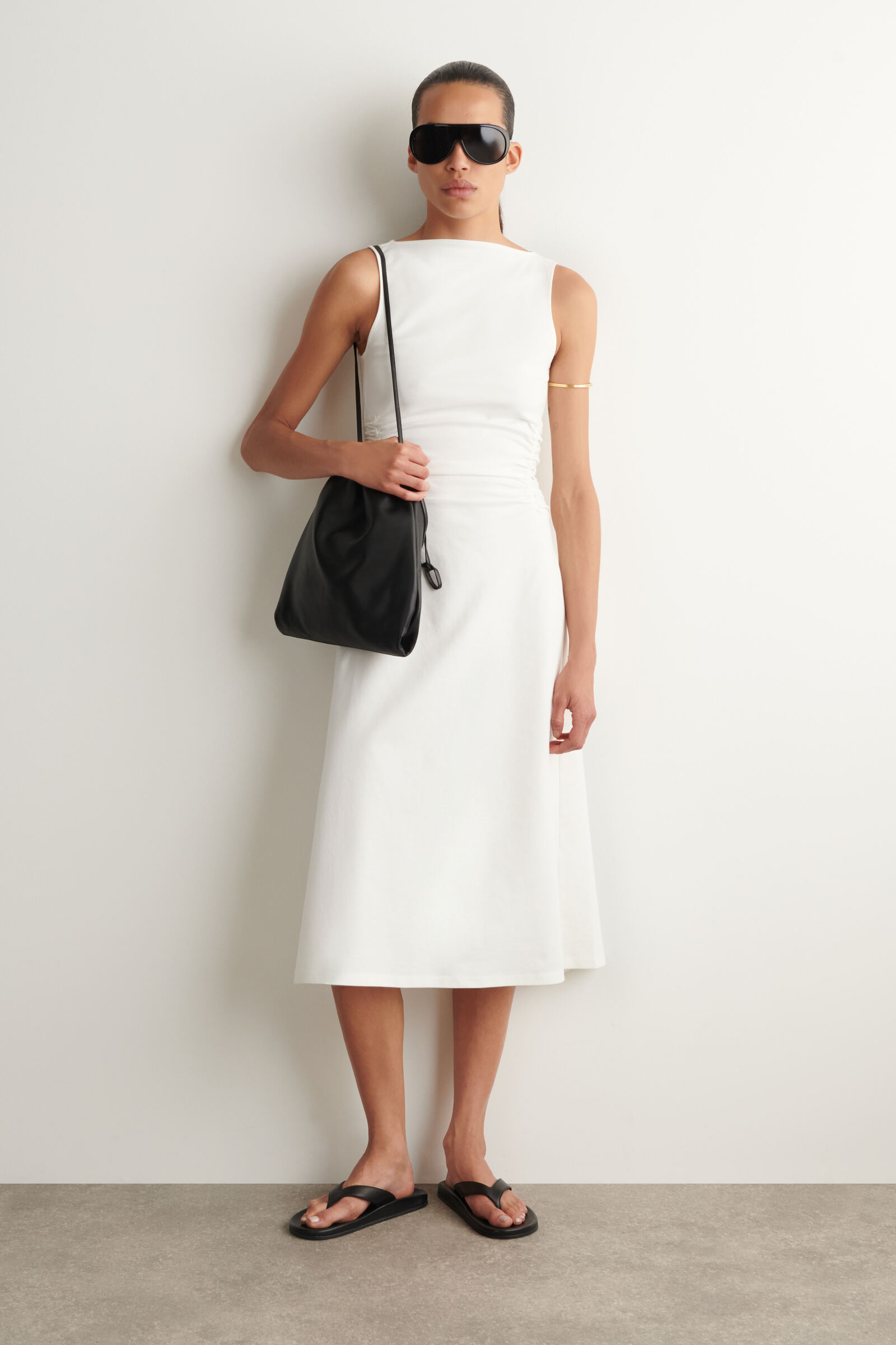 RUCHED-WAIST COTTON-JERSEY MIDI DRESS ウエストギャザー入り 