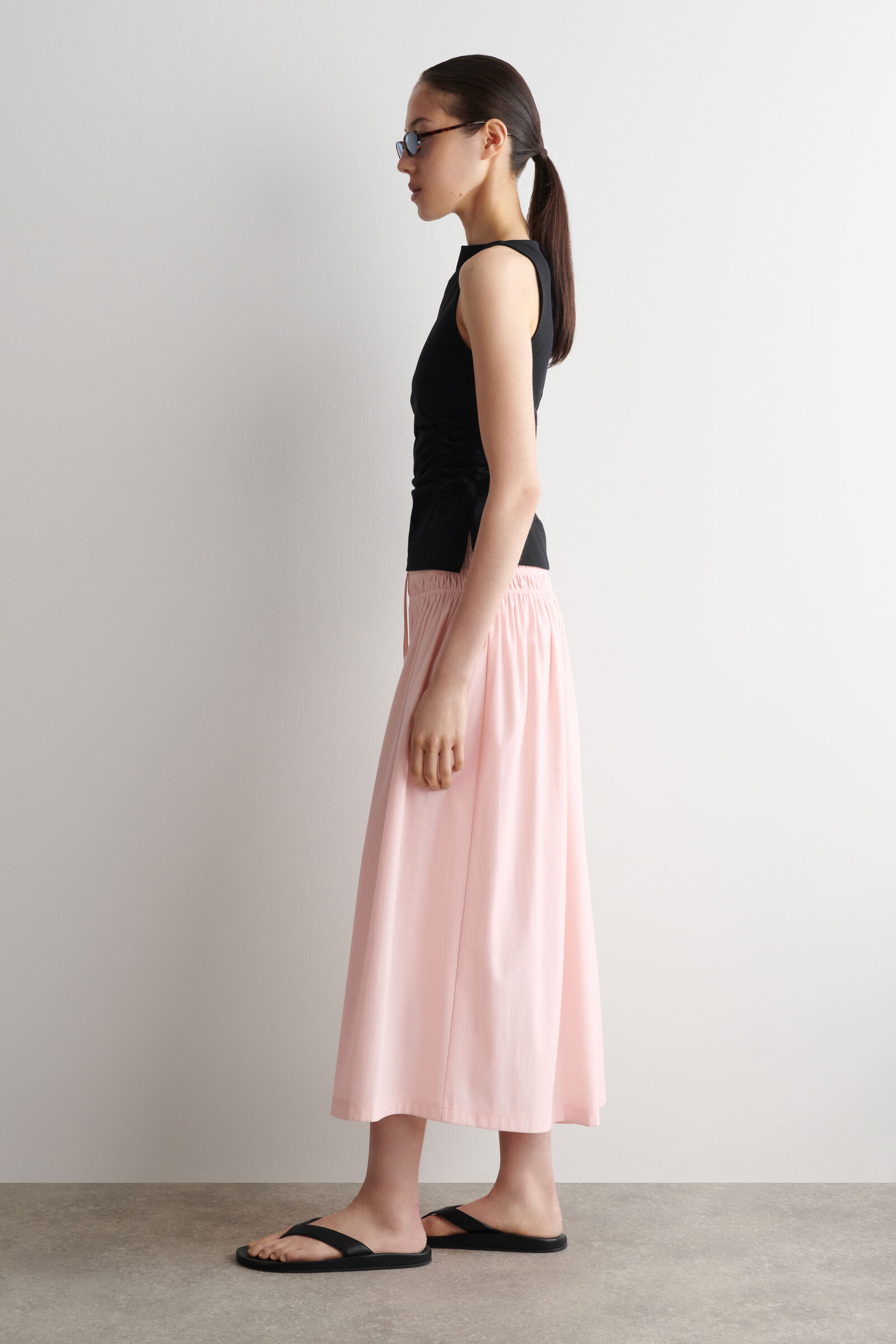 RUCHED-WAIST MIDI SKIRT ギャザーウエスト ミディスカート ピンク