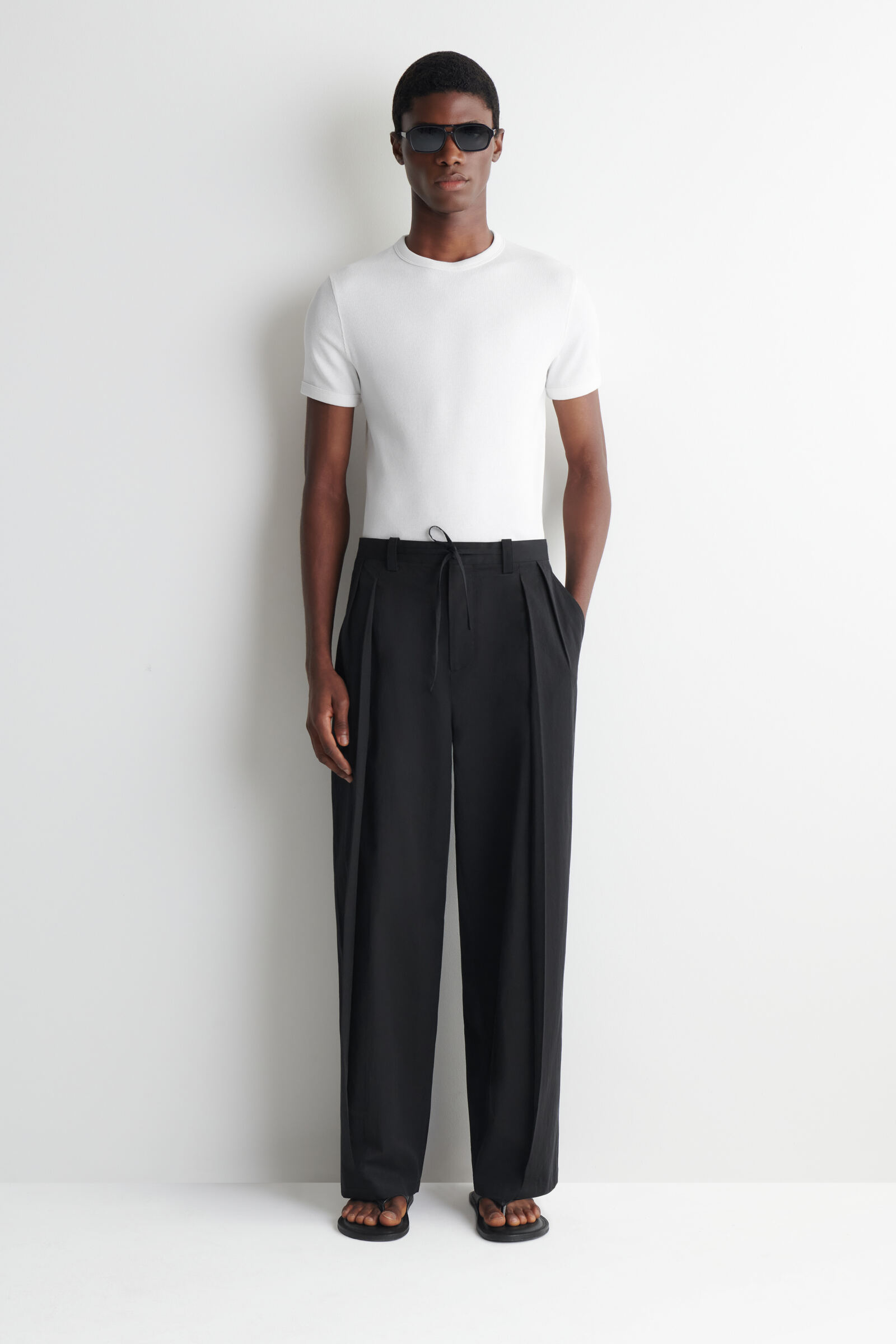 COTTON RELAXED WIDE-LEG DRAWSTRING TROUSERS 綿リラックスワイド